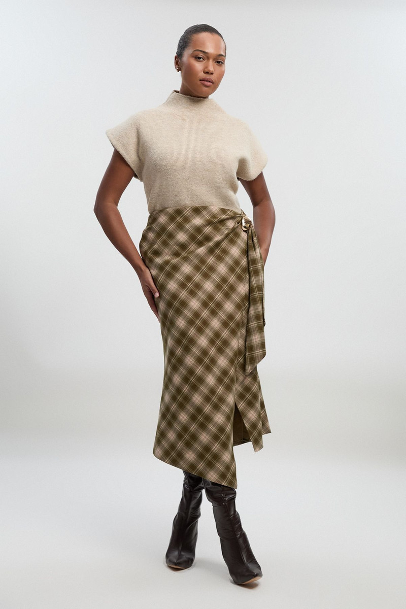 Plus Size Tailored Check Trim Detail Midi Skirt 1