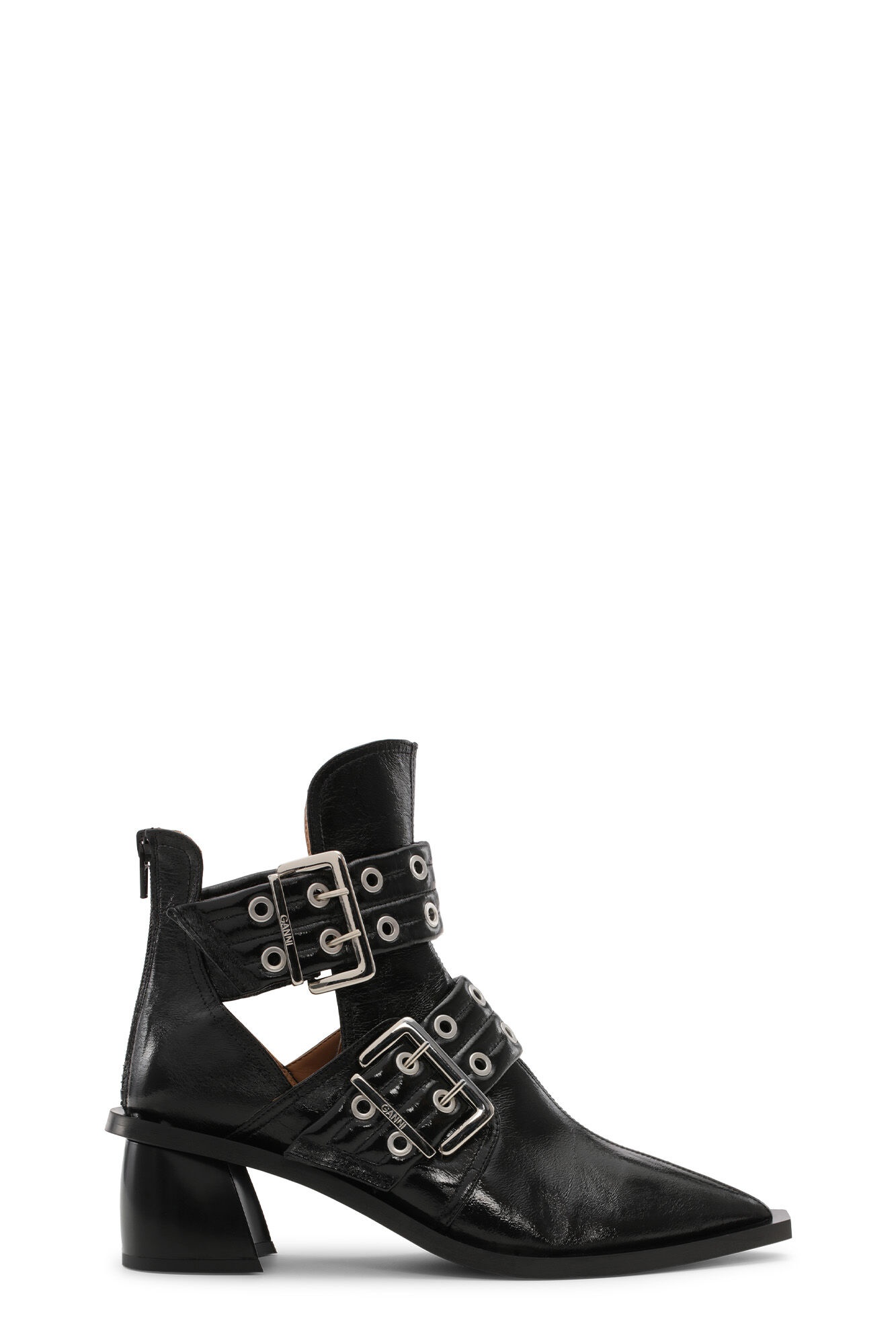 BLACK CHUNKY BUCKLE OPEN CUT BOOTS - 1