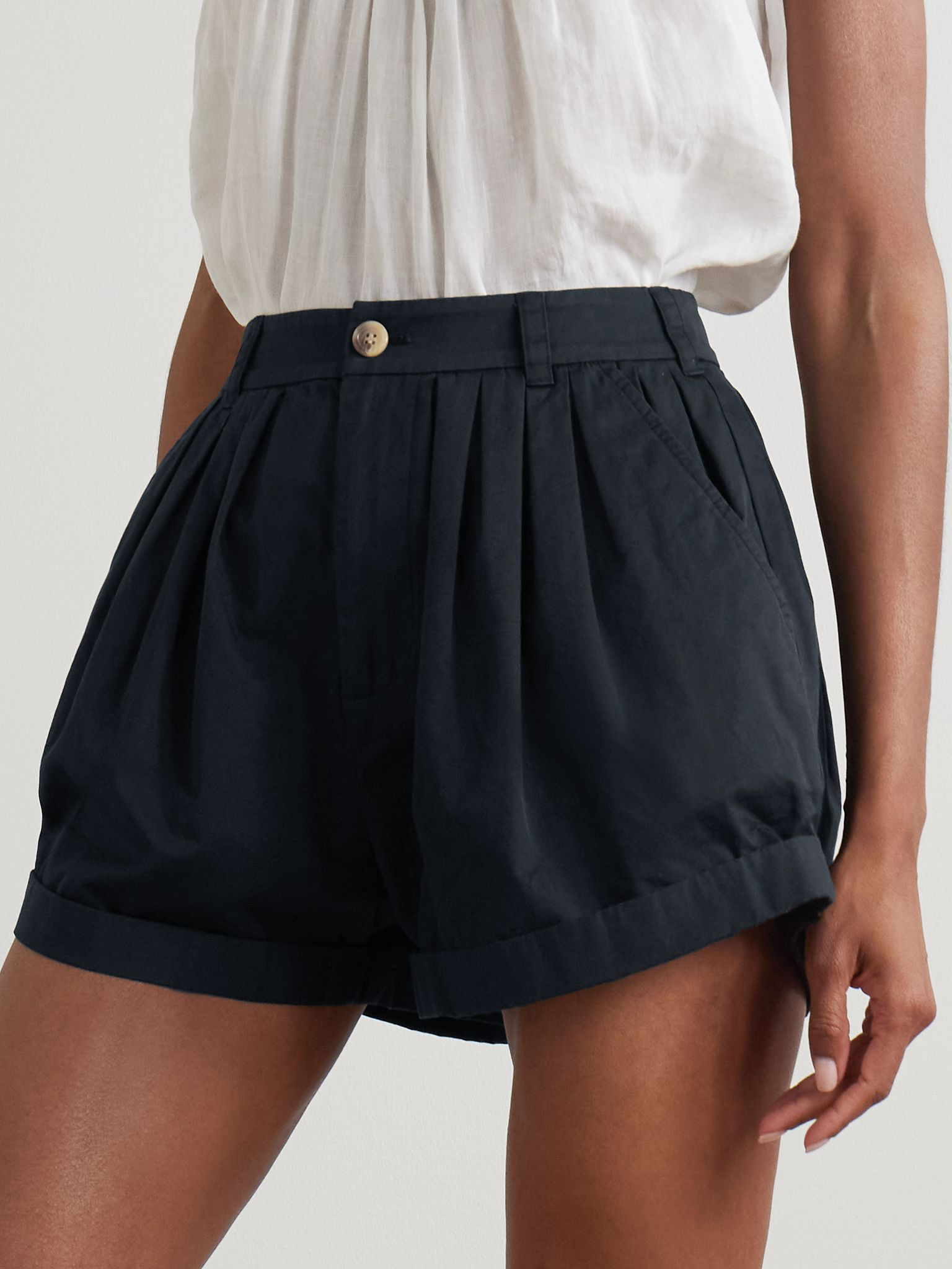 Paige pleated organic cotton-poplin shorts Black - 3