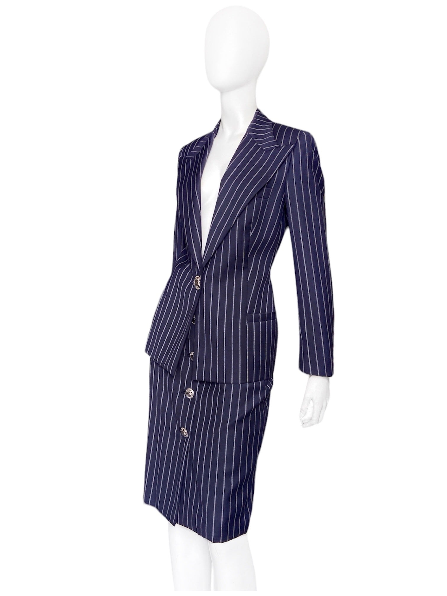 Gianni Versace Spring 1995 Navy Double Pinstriped Wrap Skirt Suit 42 - 5