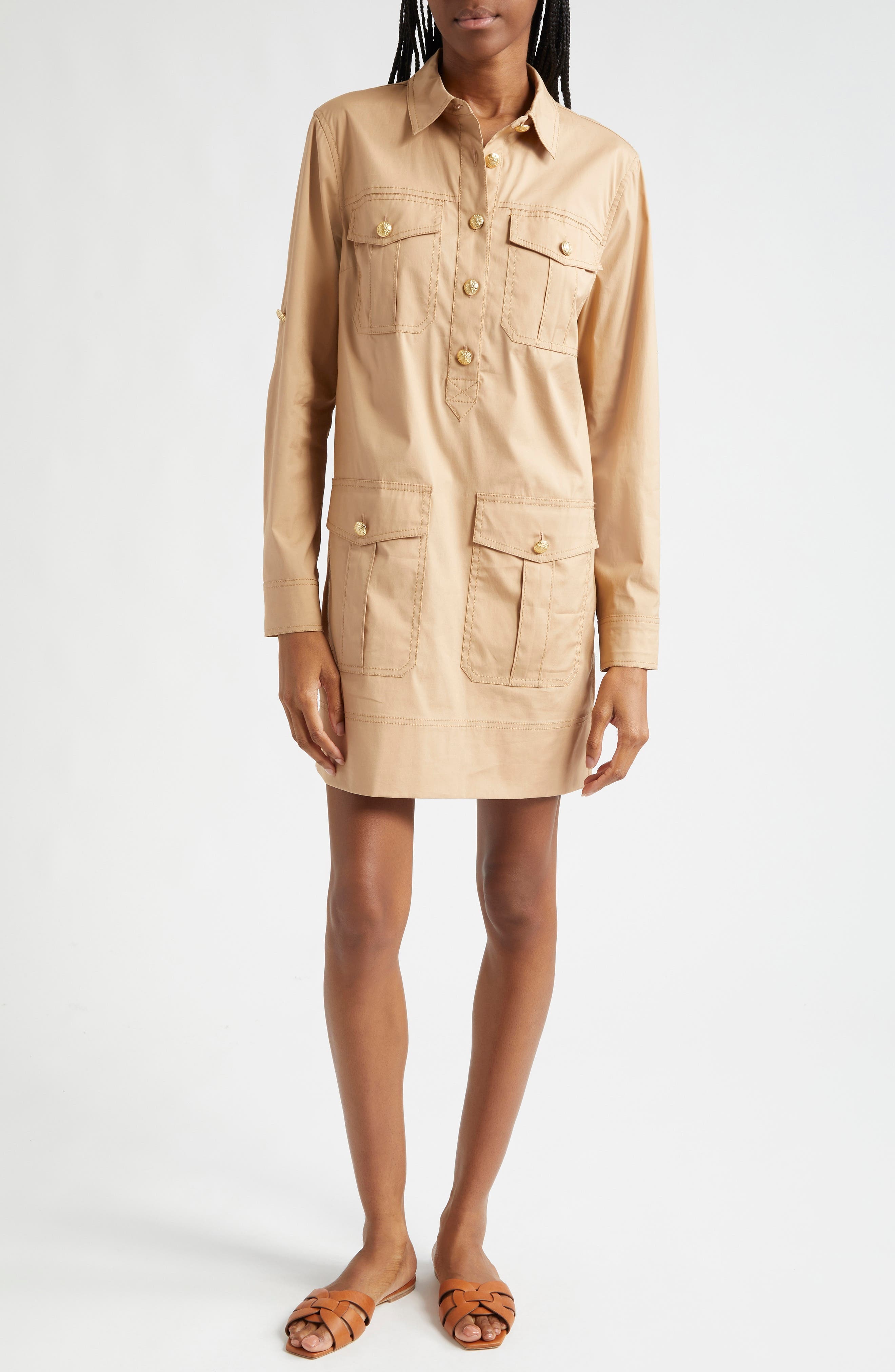 Veronica Beard Saude Long Sleeve Stretch Cotton Dress in Khaki at Nordstrom - 1