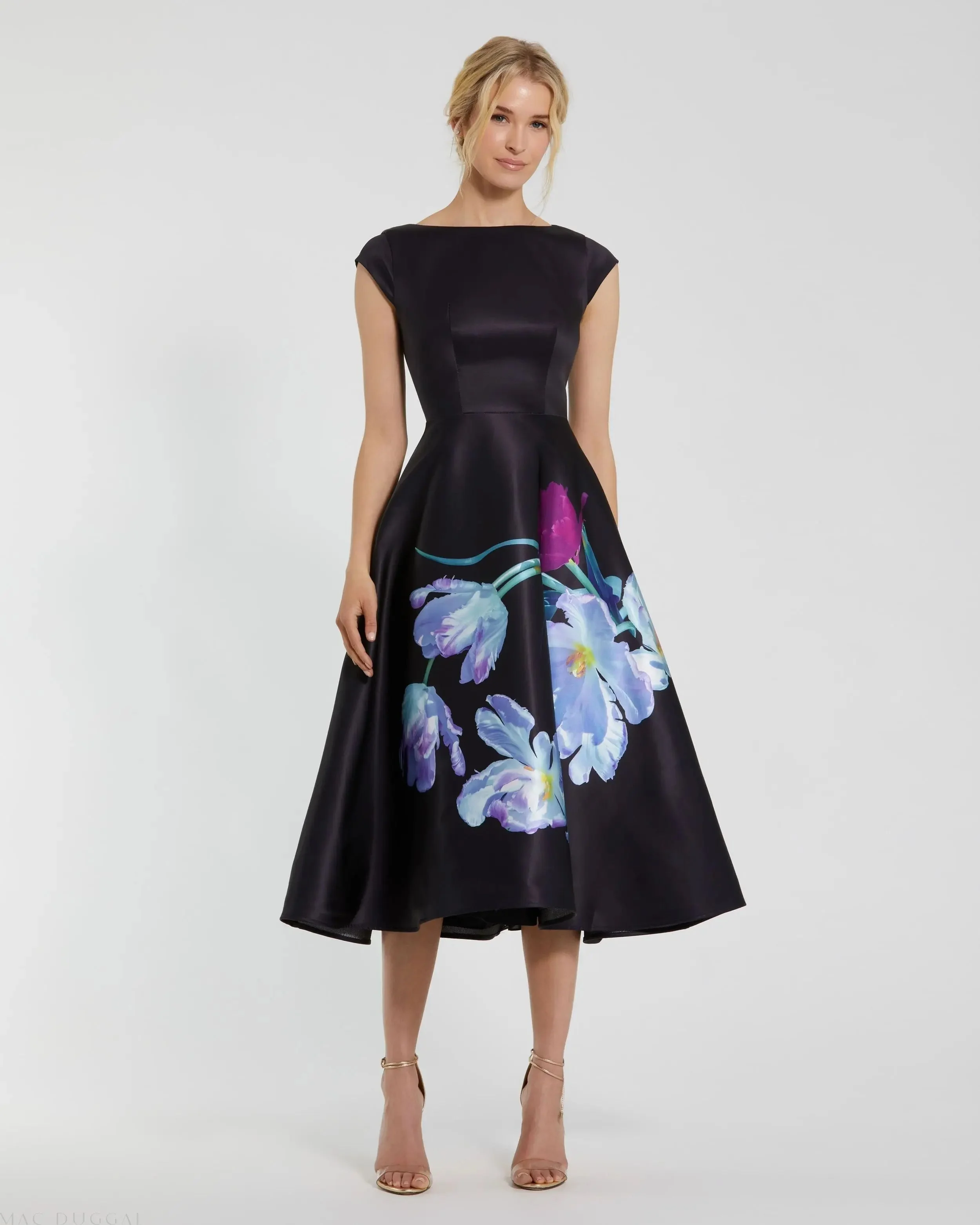 Black Satin Cap Sleeve Midi Dress With Floral Print - 1