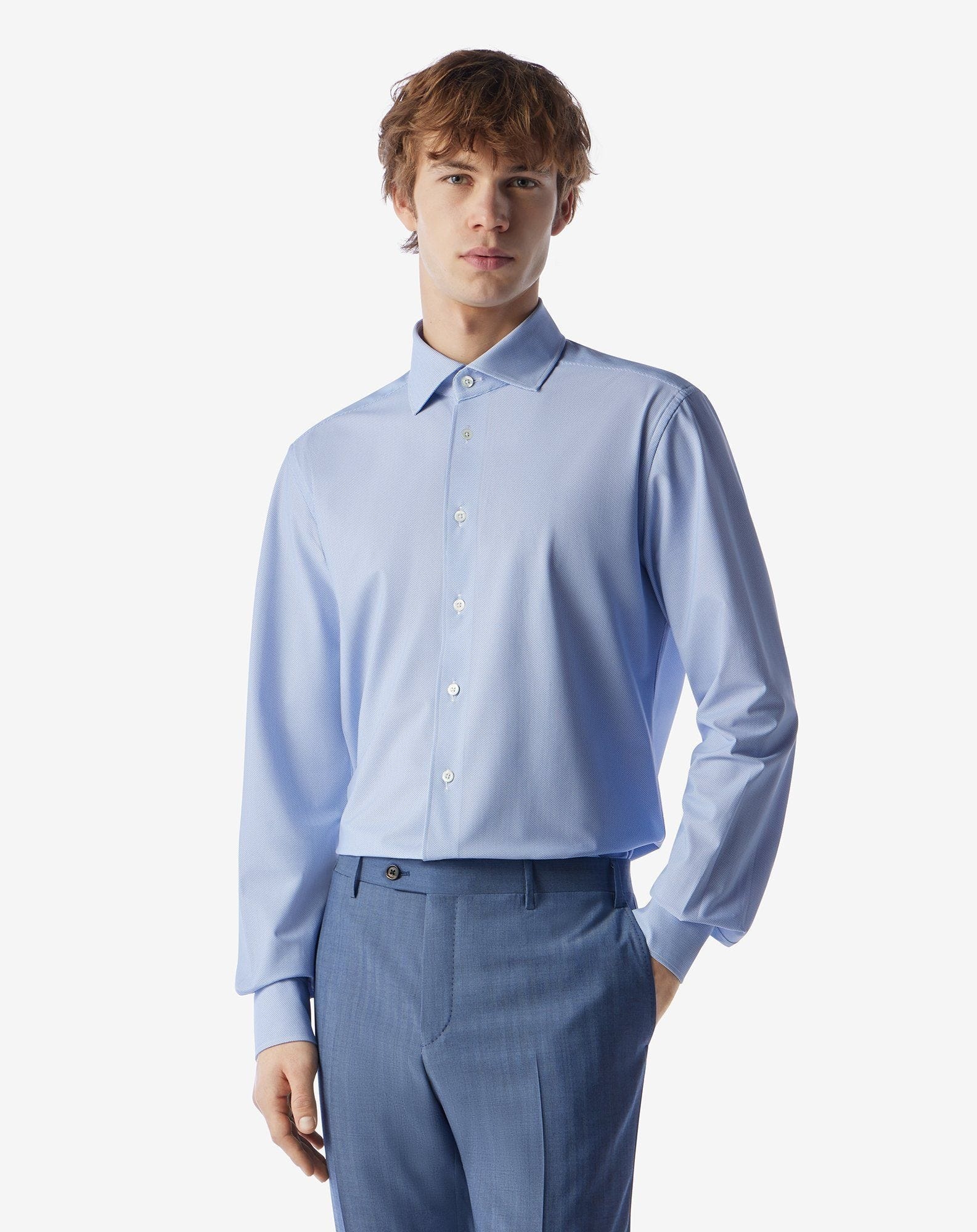 Bi-elastic fabric shirt with white/light blue micro pattern - 2