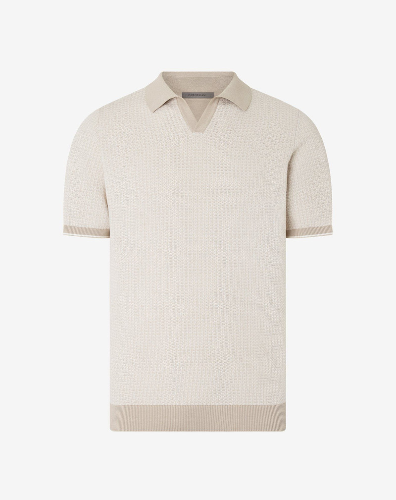 Beige two-tone buttonless pure cotton polo shirt 1