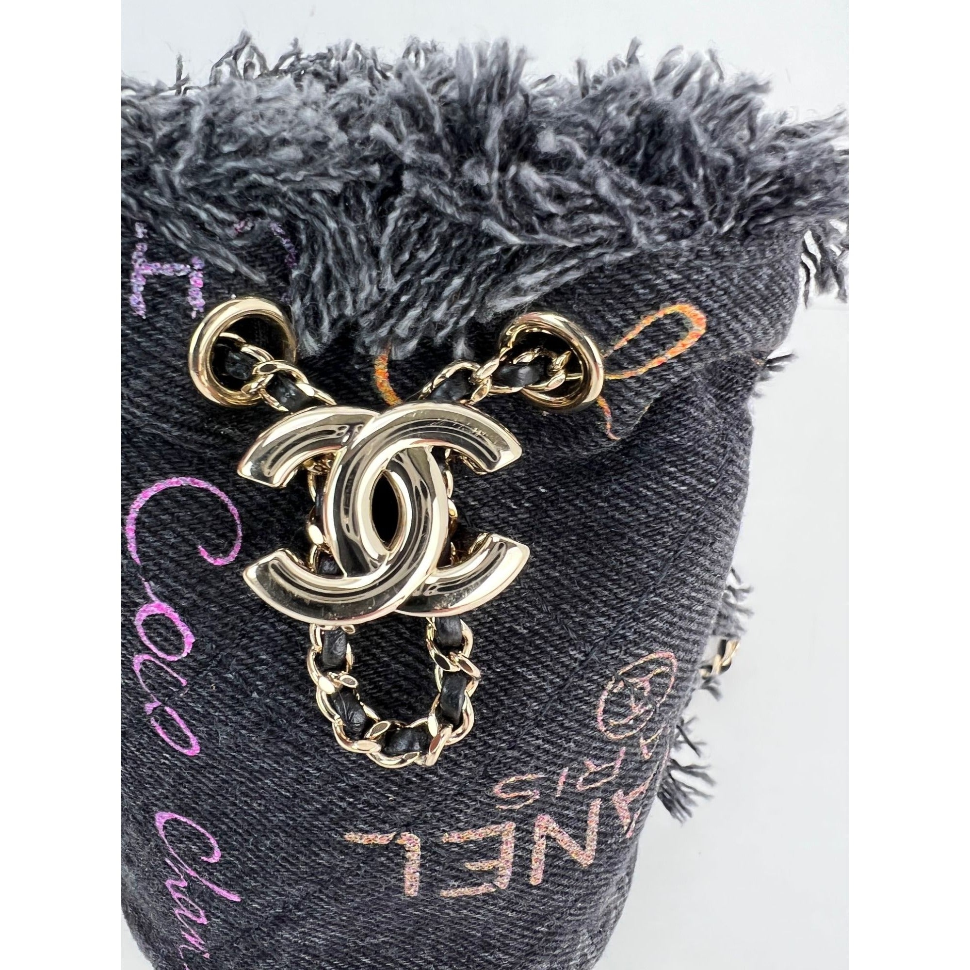 Chanel Denim Quilted Mood Mini Bucket With Chain Black - 9