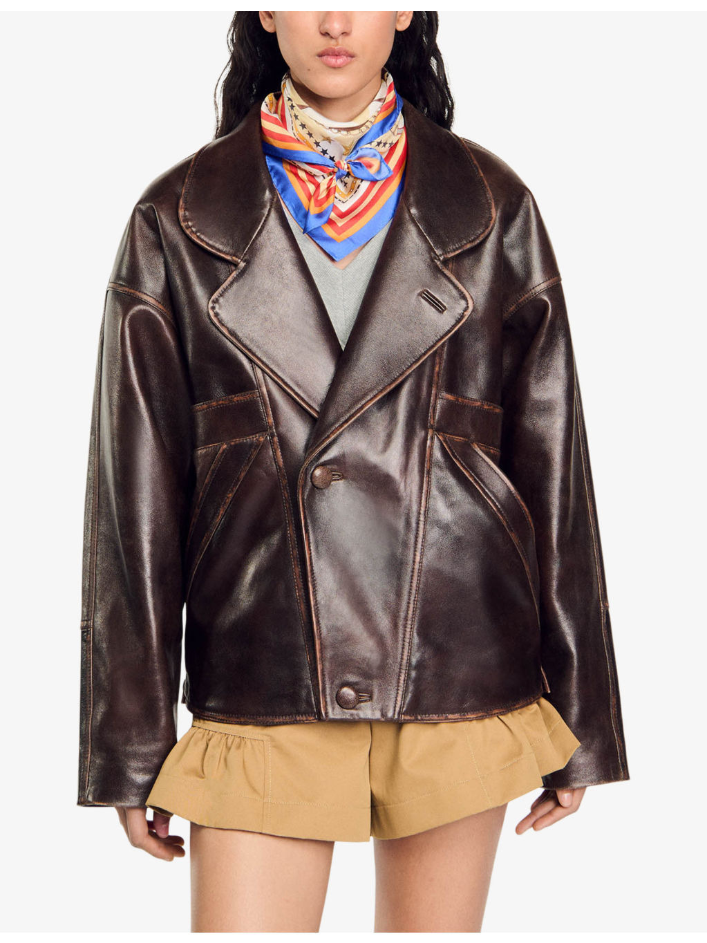 Oversized-collar relaxed-fit leather jacket - 3