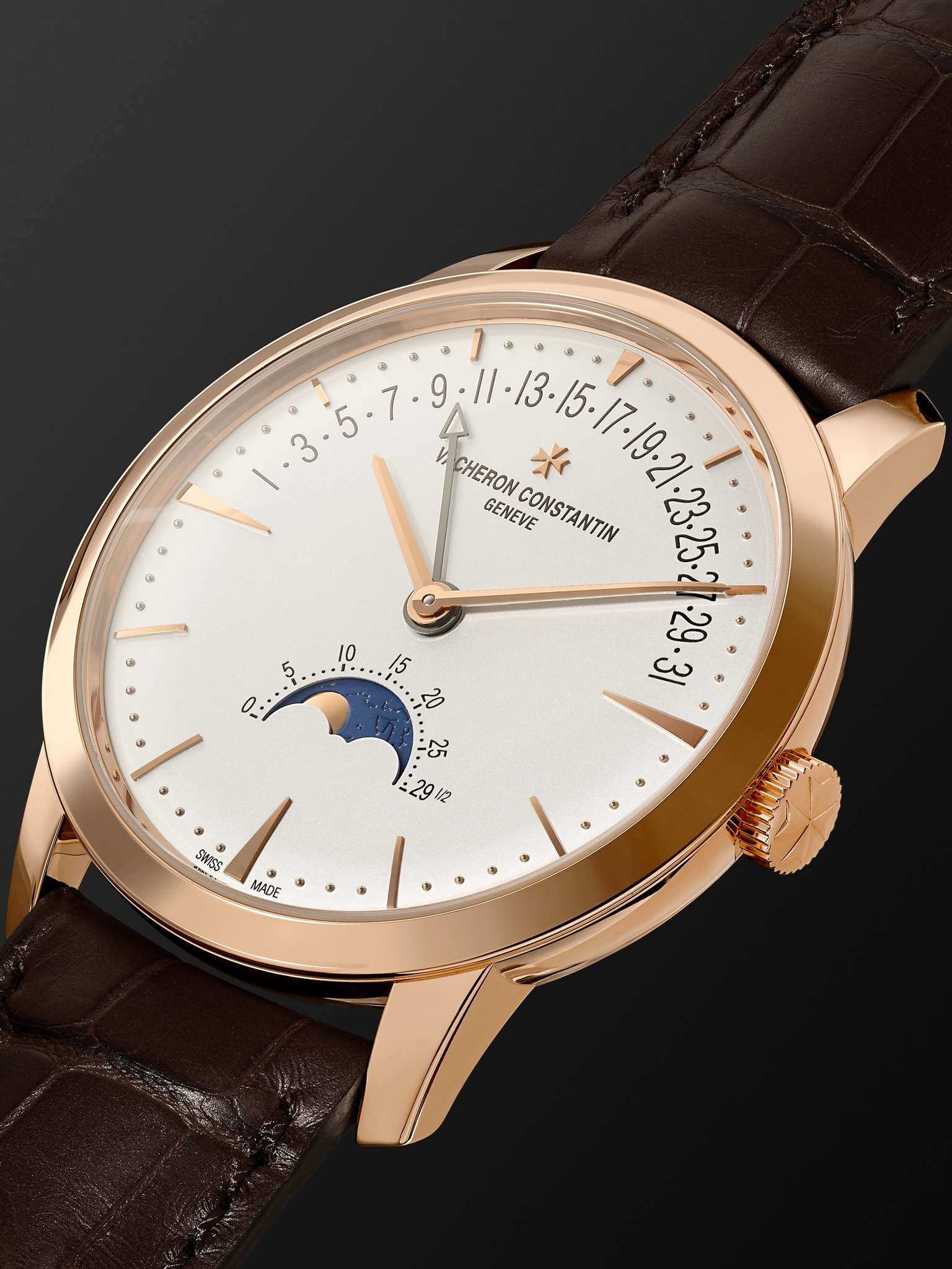 Patrimony Moon-Phase and Retrograde Date Automatic 42.5mm 18-Karat Pink Gold and Alligator Watch, Re - 4