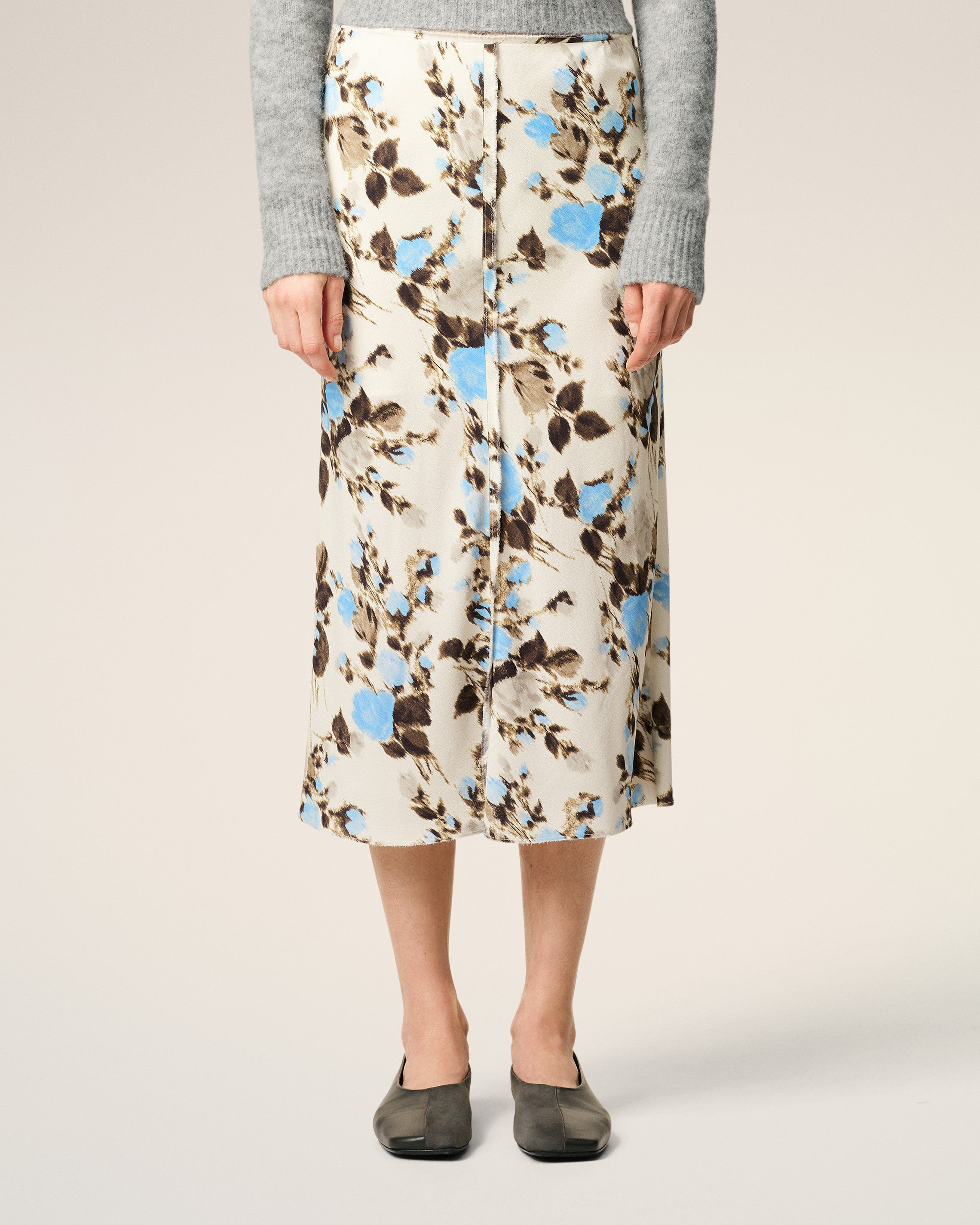 BLUE FLOWER PRINTED  RAW EDGES DETAILS MIDI SKIRT - 3