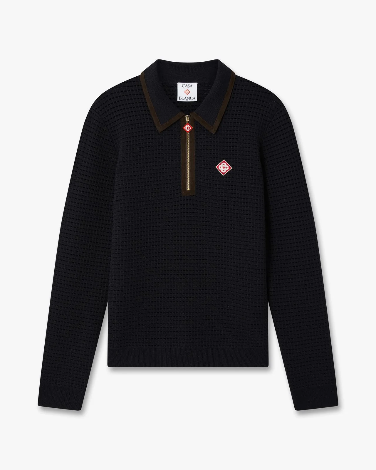 Navy Wool Waffle Stitch Long Sleeve Polo Shirt - 1