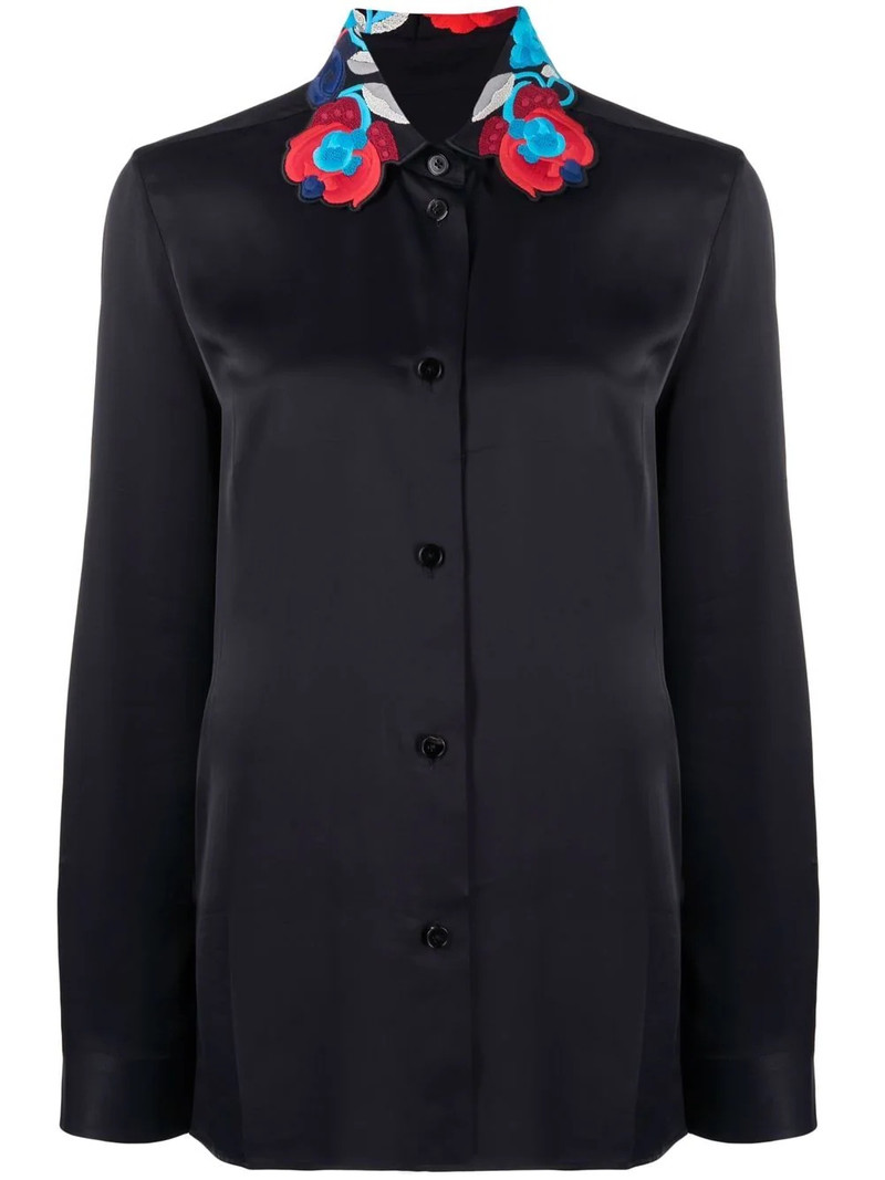 floral-embroidered collar satin shirt 1