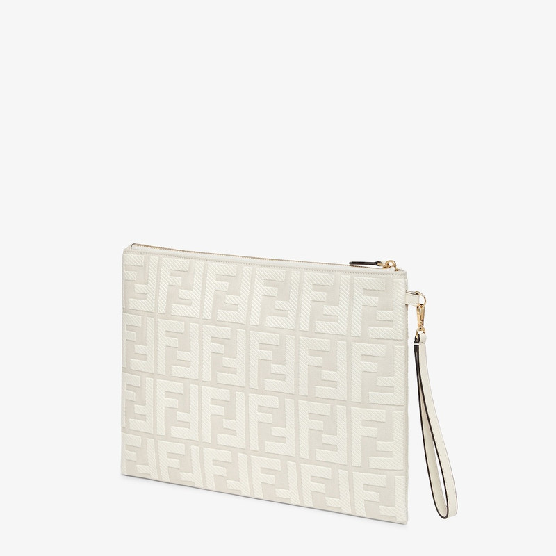 FENDI Large pouch with removable bracelet handle. Zipper closure. Made of white canvas with FF embroidery. outlook