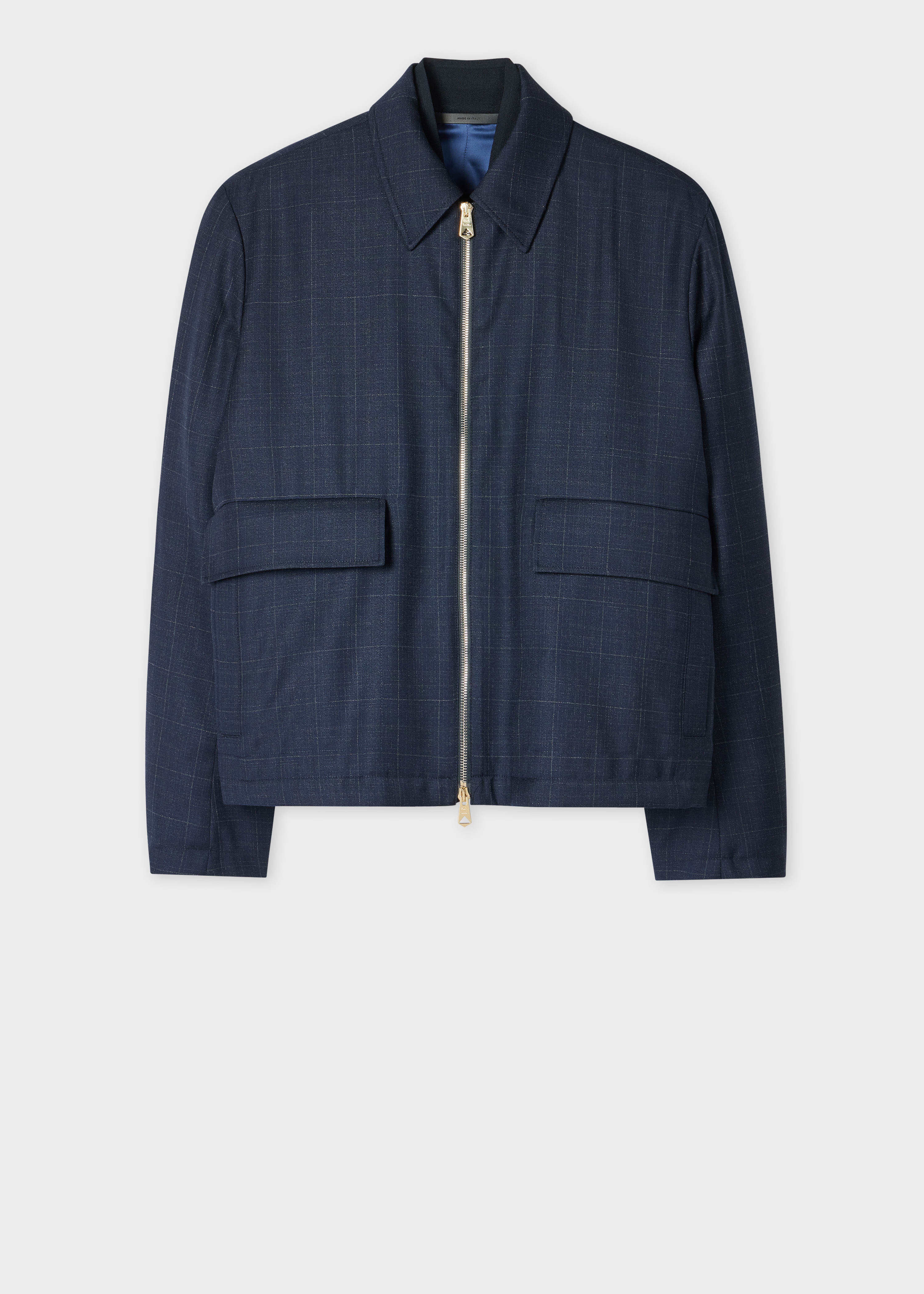 Navy Windowpane Check Wool Zip Jacket - 1