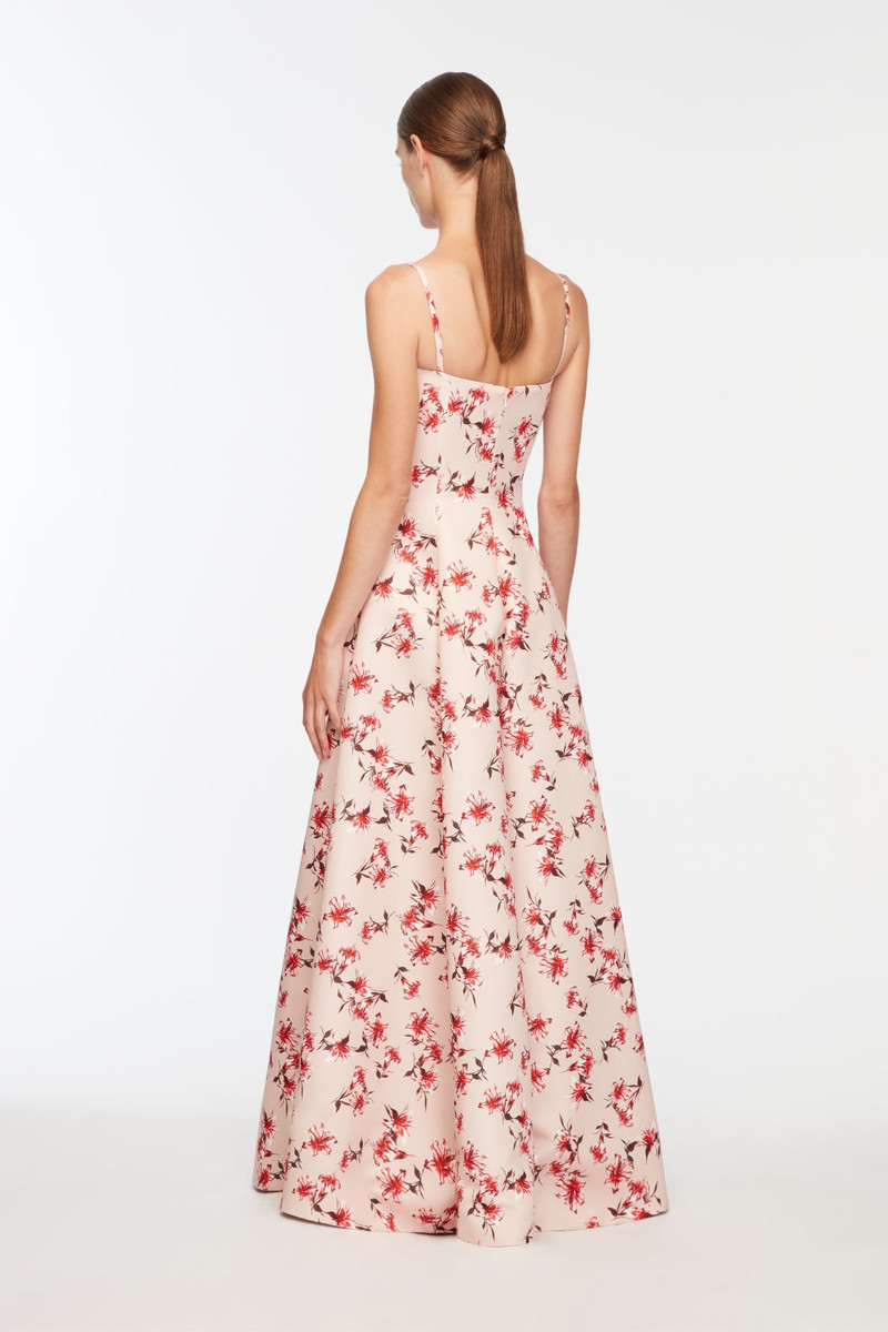 Oceana Dress in Red Summer Lillies on Pink Taffeta Faille 4