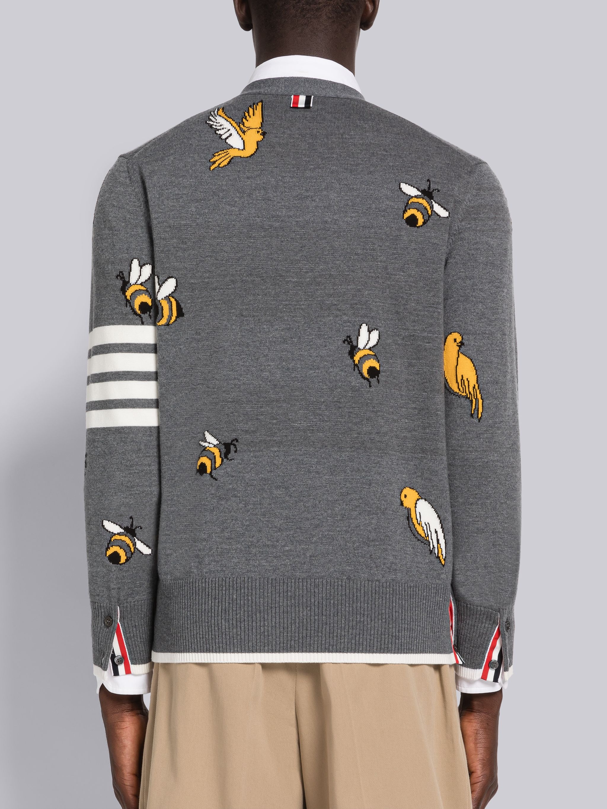 COTTON MERINO BIRDS AND BEES 4-BAR V-NECK CARDIGAN - 3