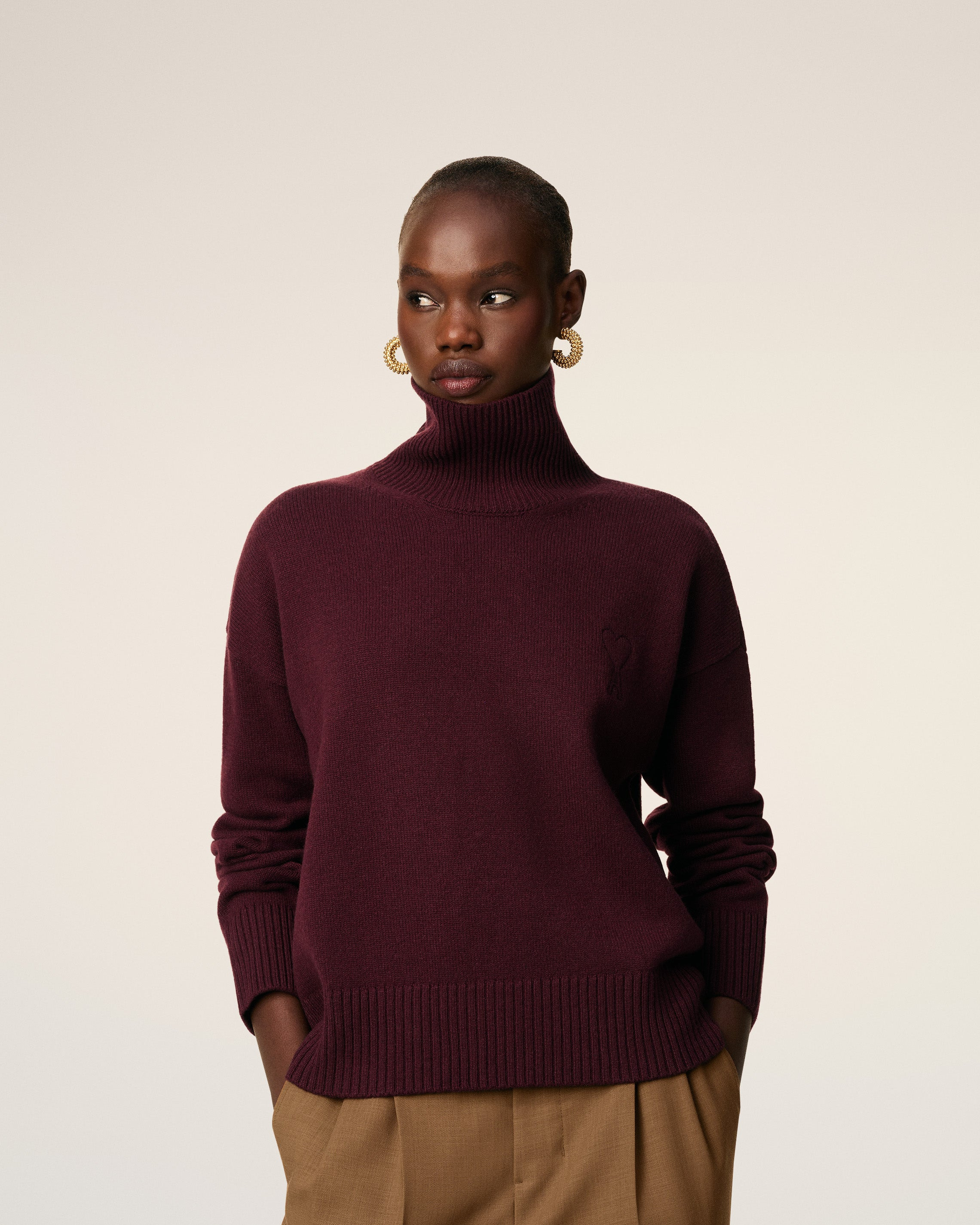BURGUNDY WOOL AMI DE COEUR FUNNEL NECK SWEATER - 3