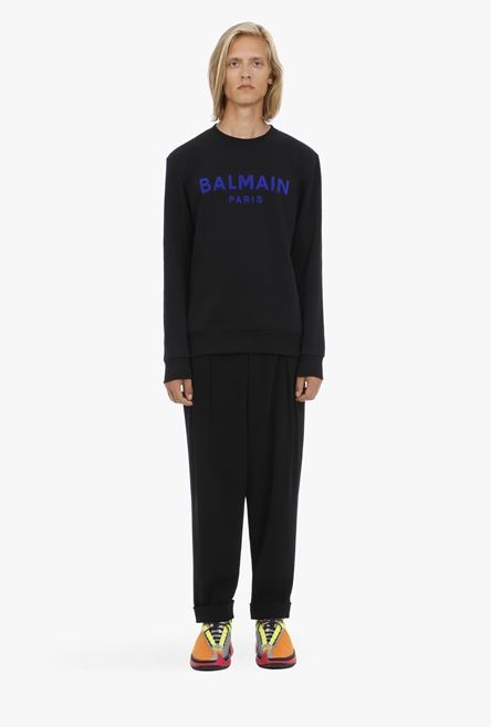 Black cotton sweatshirt with blue velvet Balmain logo - 4