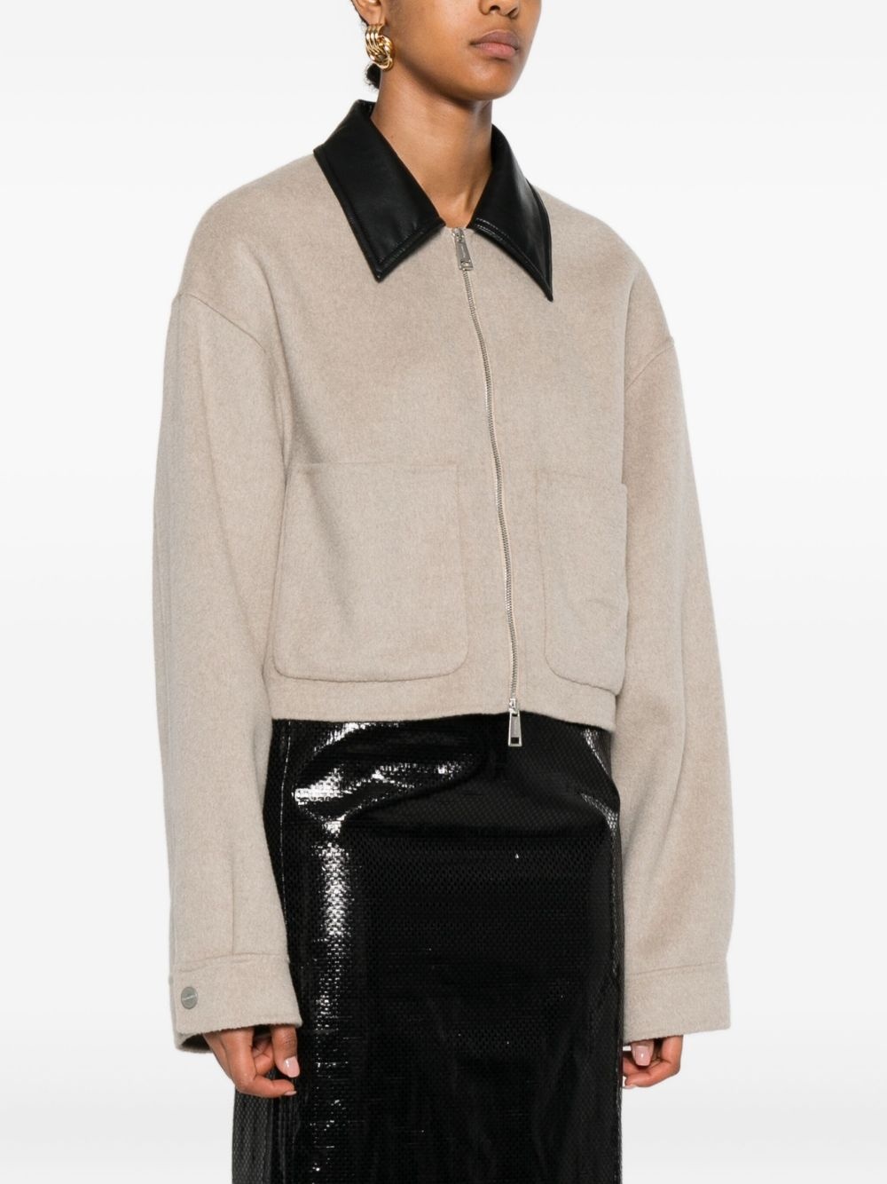 leather-collar zip-up jacket - 3