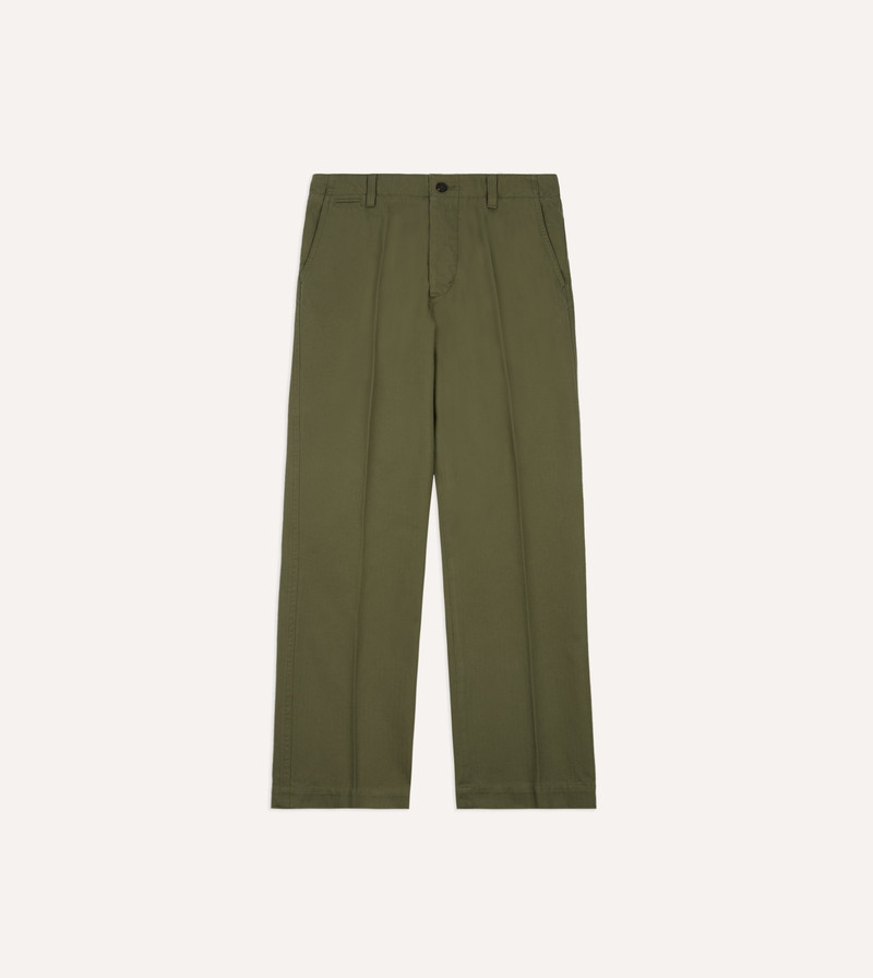 Green Herringbone Cotton Wide Leg Flat Front Chino - 1