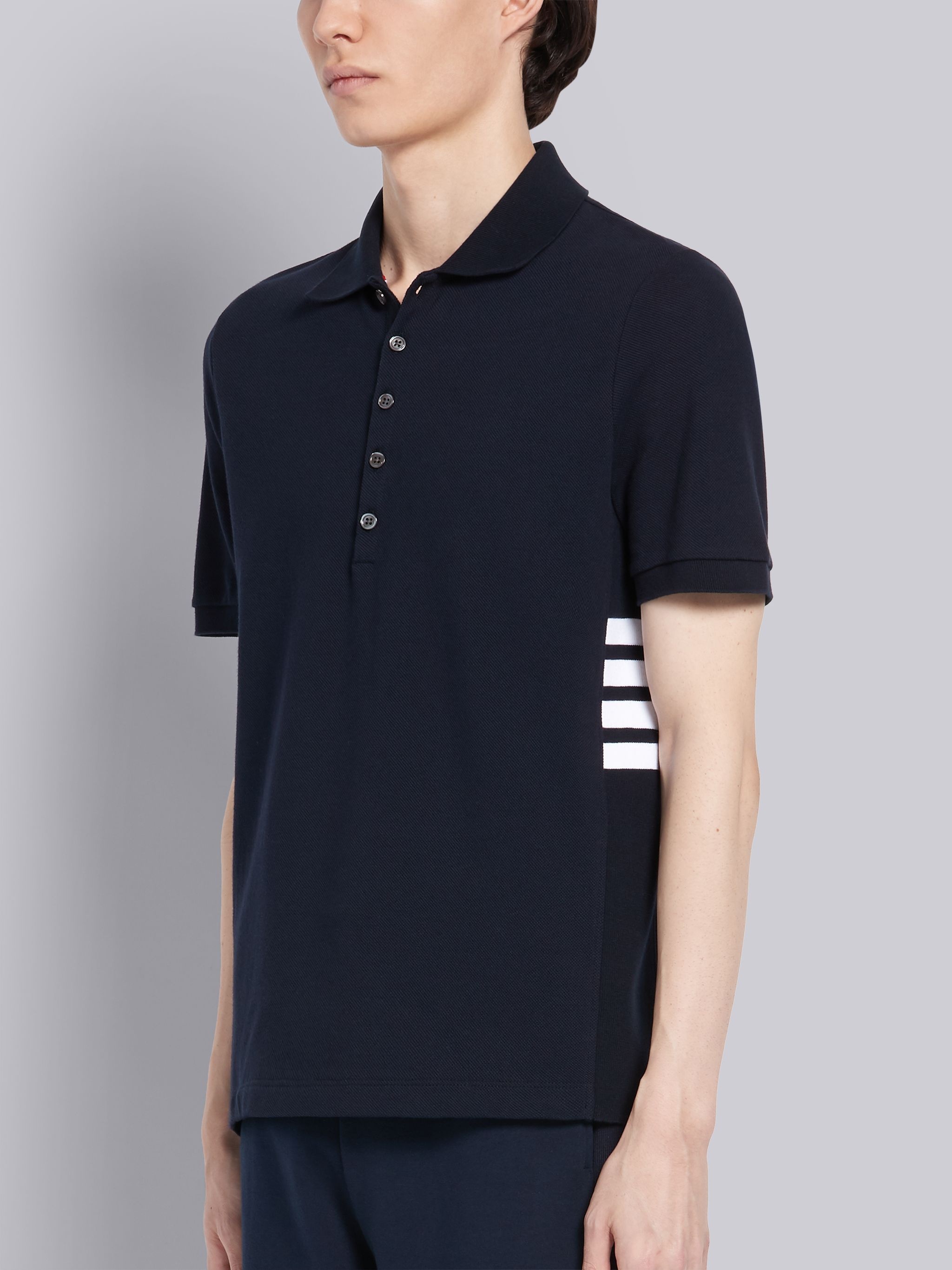 Navy Classic Cotton Pique Side Insert 4-Bar Polo - 2