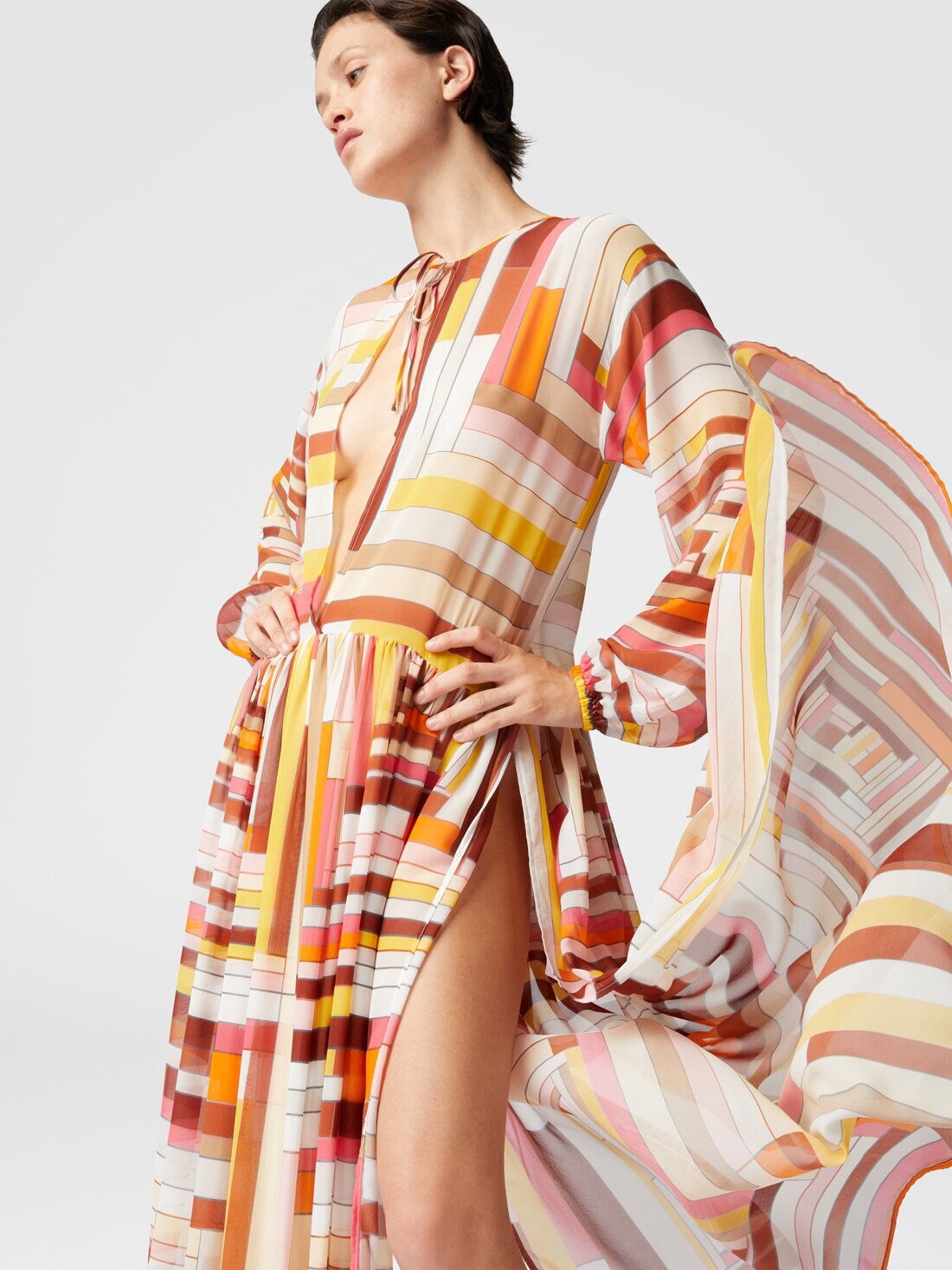 Long cover-up dress in printed silk with long sleeves - 4