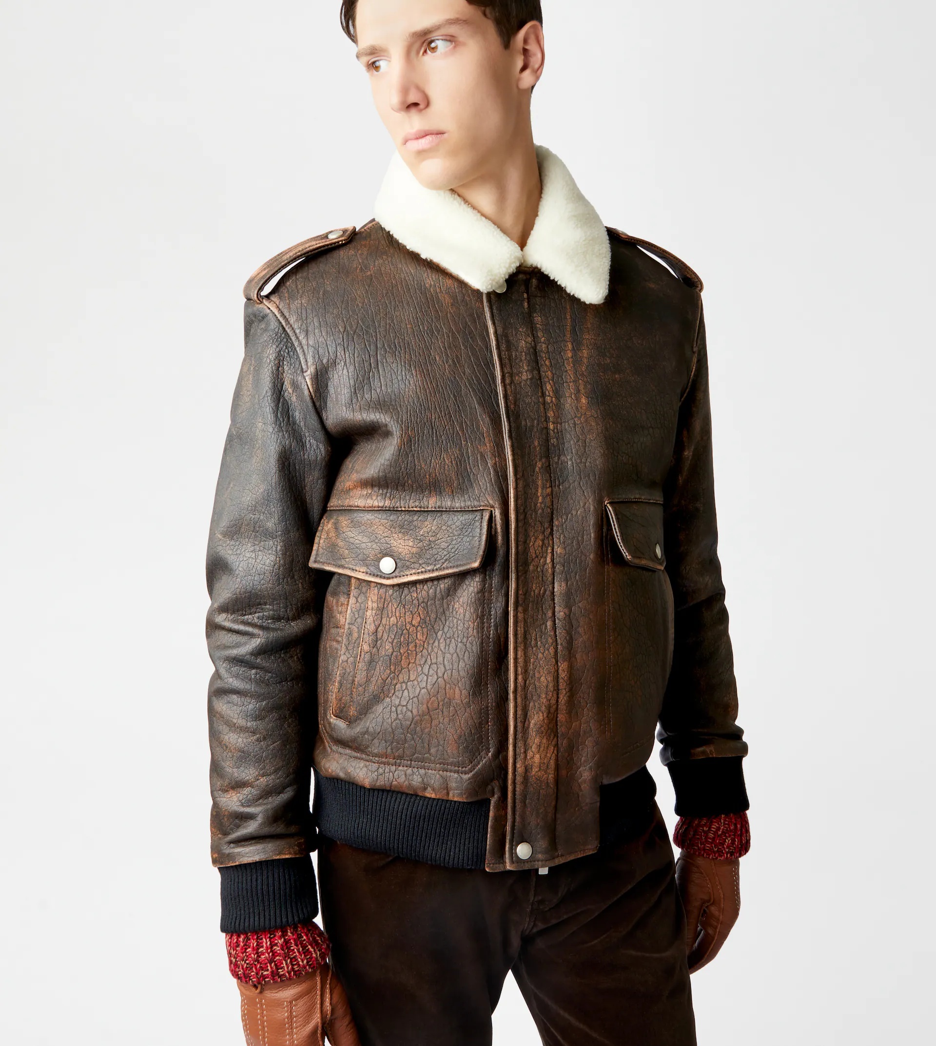 BOMBER JACKET IN VINTAGE LOOK LEATHER - BROWN - 7