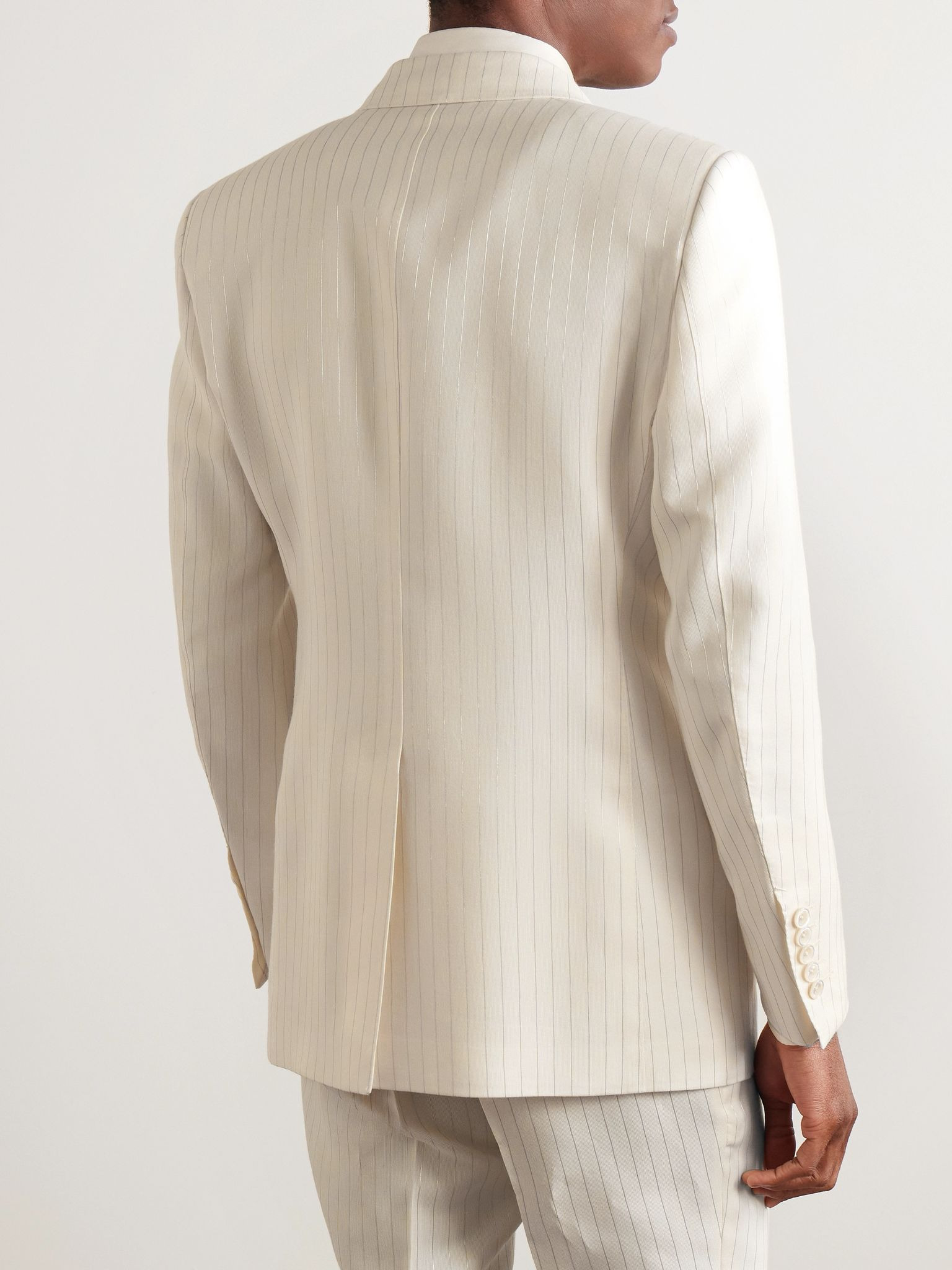 Dyllan Double-Breasted Metallic Striped Wool-Blend Suit Jacket Neutral - 3