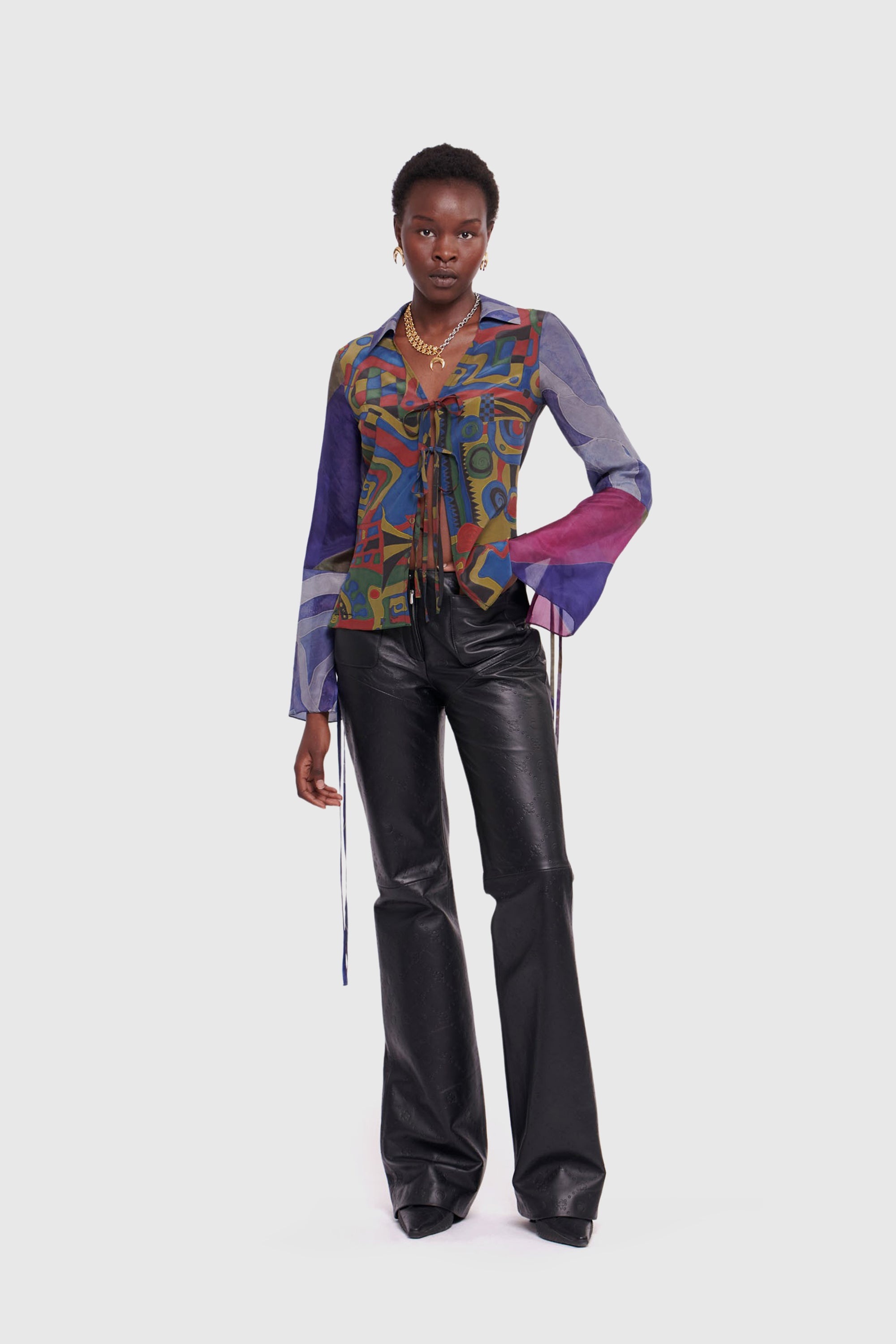 Embossed Deadstock Leather Wide-Leg Trousers - 2