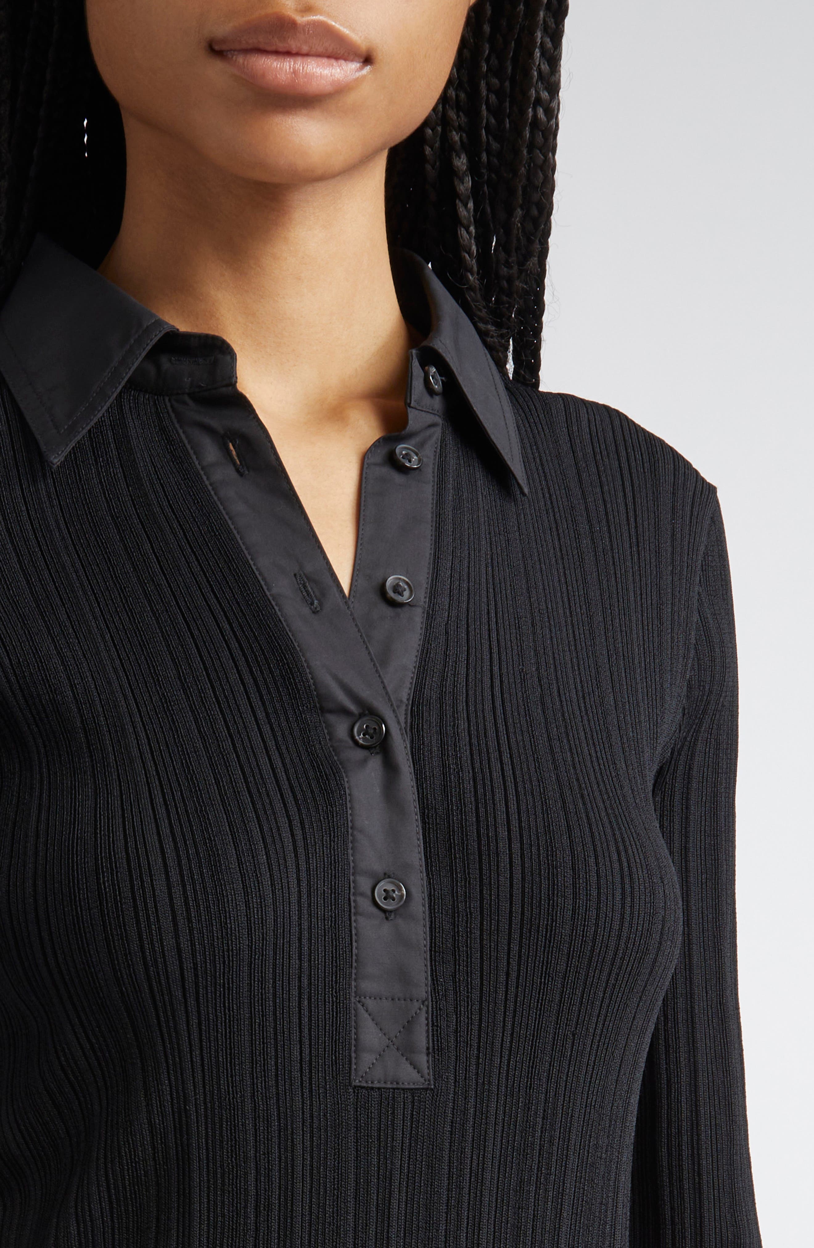 TOTEME Half Placket Long Sleeve Knit Polo in Black at Nordstrom - 4