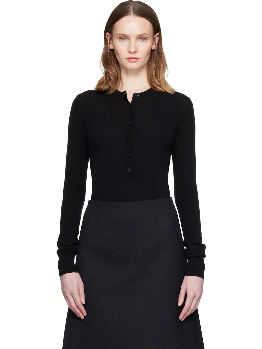 Black Crewneck Ribbed Long-Sleeve Bodysuit - 1