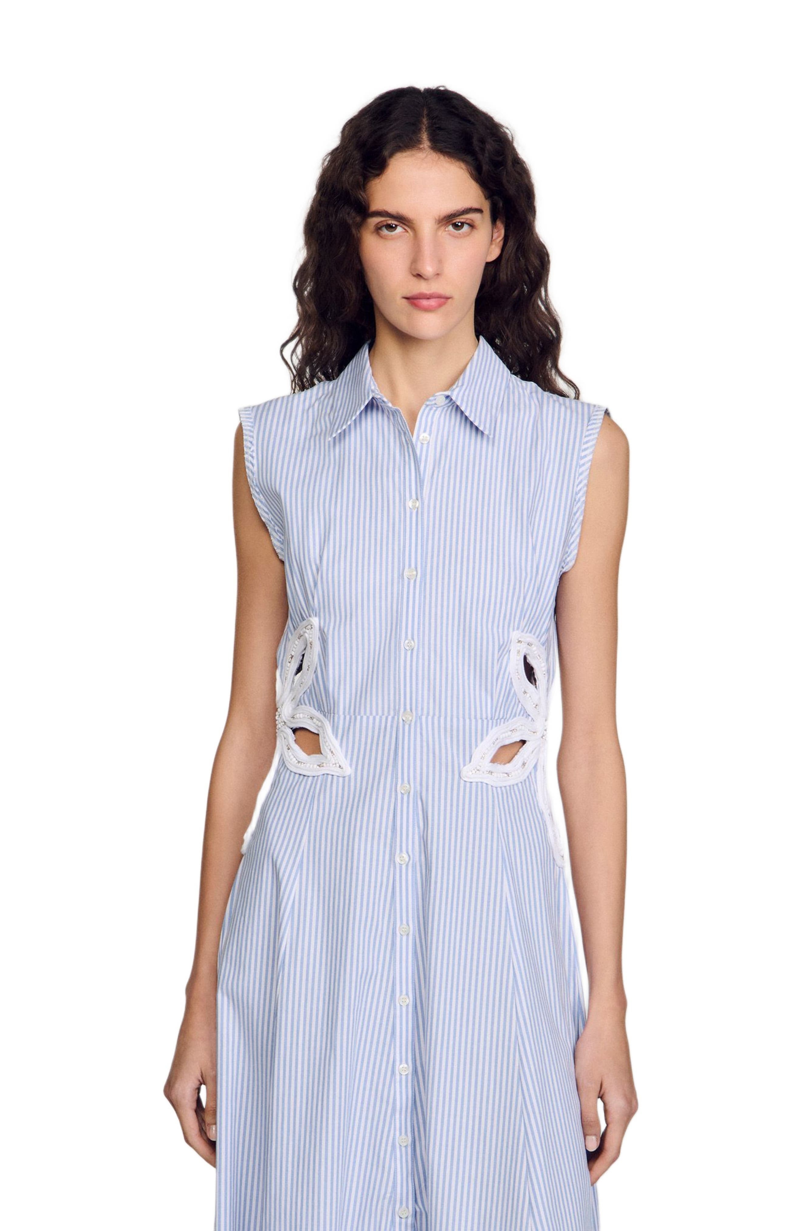 SANDRO Stripy embroidered maxi dress in Sky Blue at Nordstrom - 3