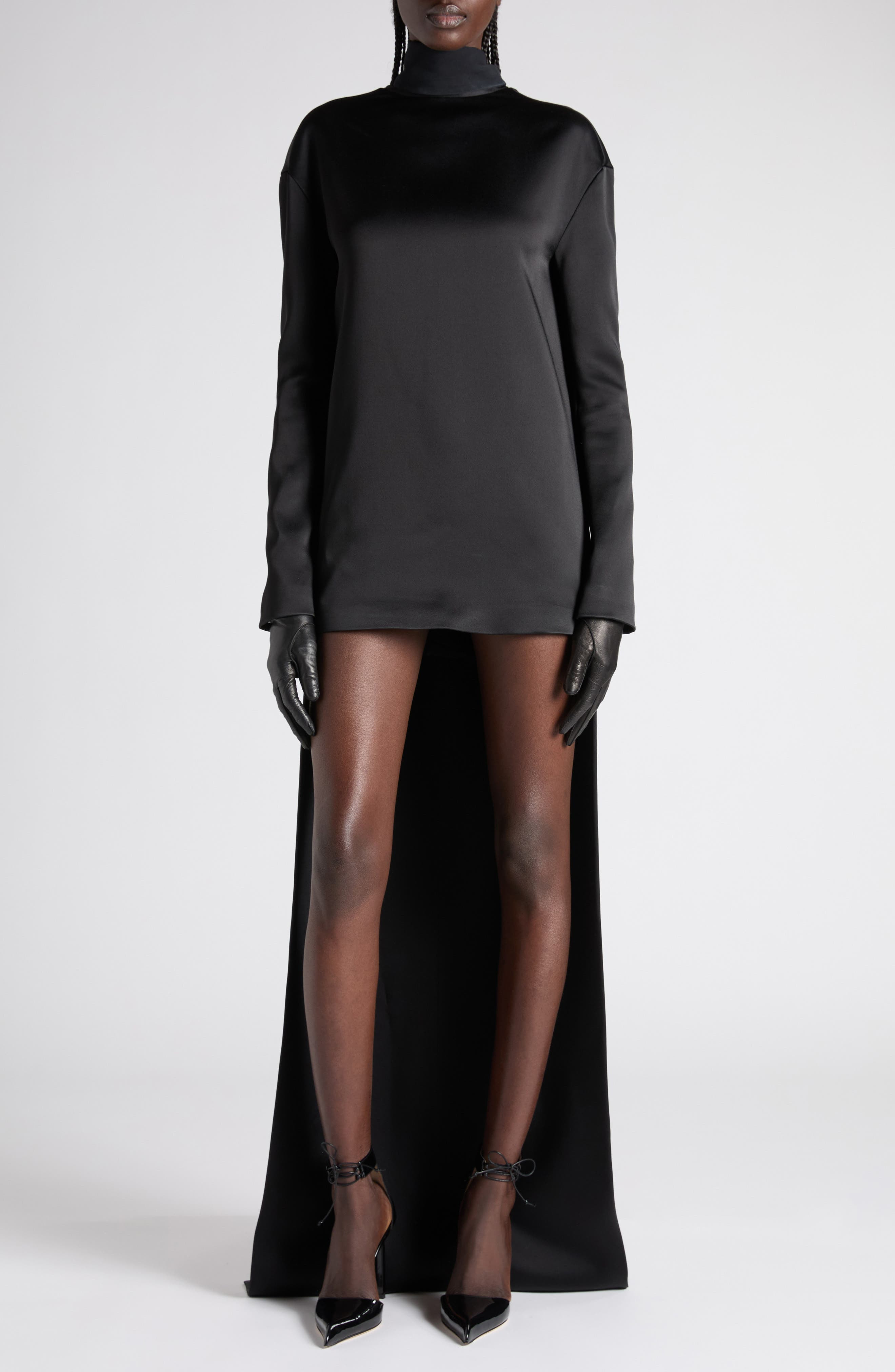 TOM FORD Long Sleeve Satin Cocktail Dress with Train in Black at Nordstrom - 2