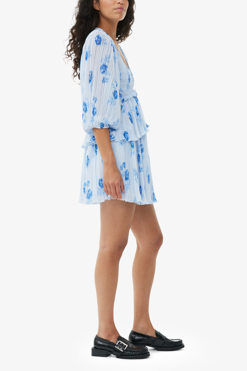 BLUE PLEATED GEORGETTE FLOUNCE SMOCK MINI DRESS 4
