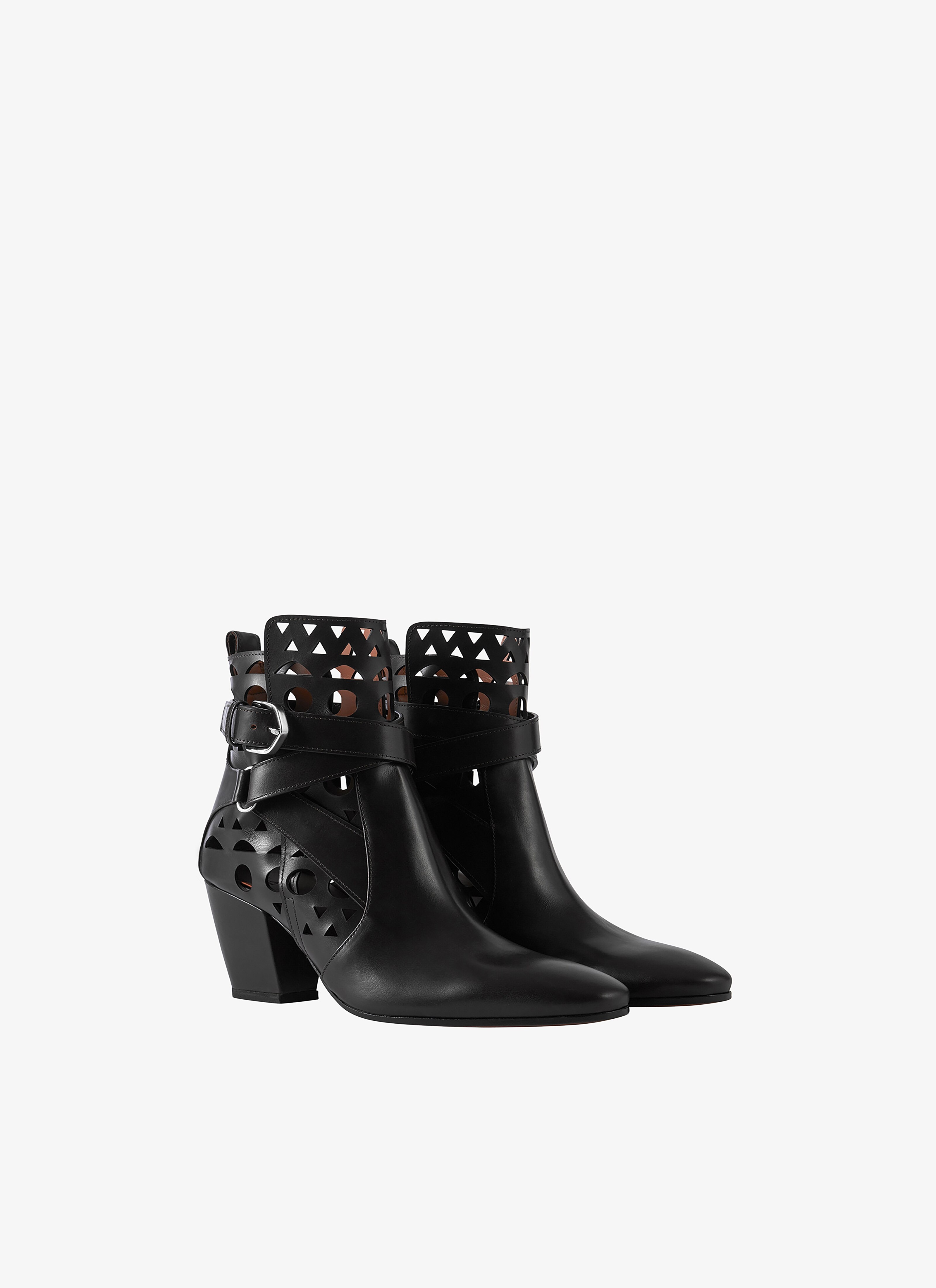 ALAÏA Women's Black LA CAGE WEDGE BOOTIES IN PATENT LAMBSKIN