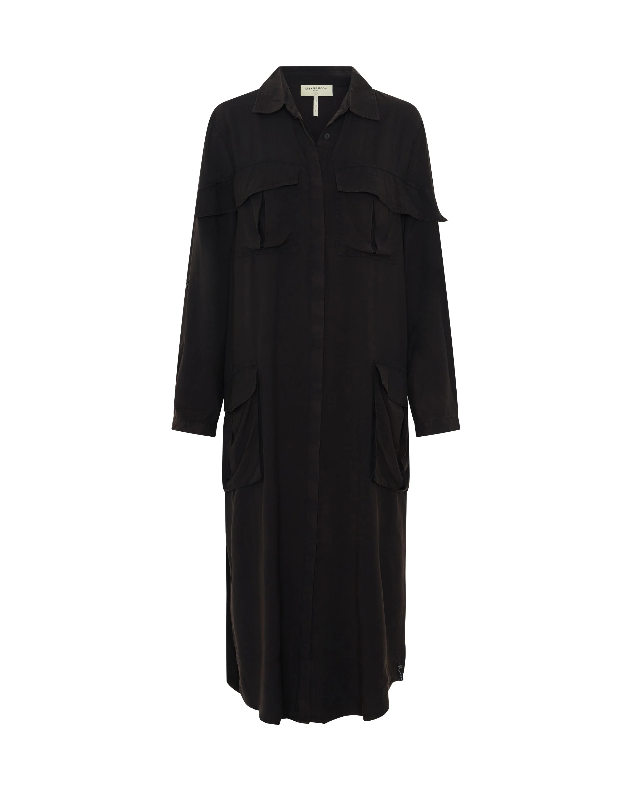 Crushed Midi Shirt Dress - Black - 1
