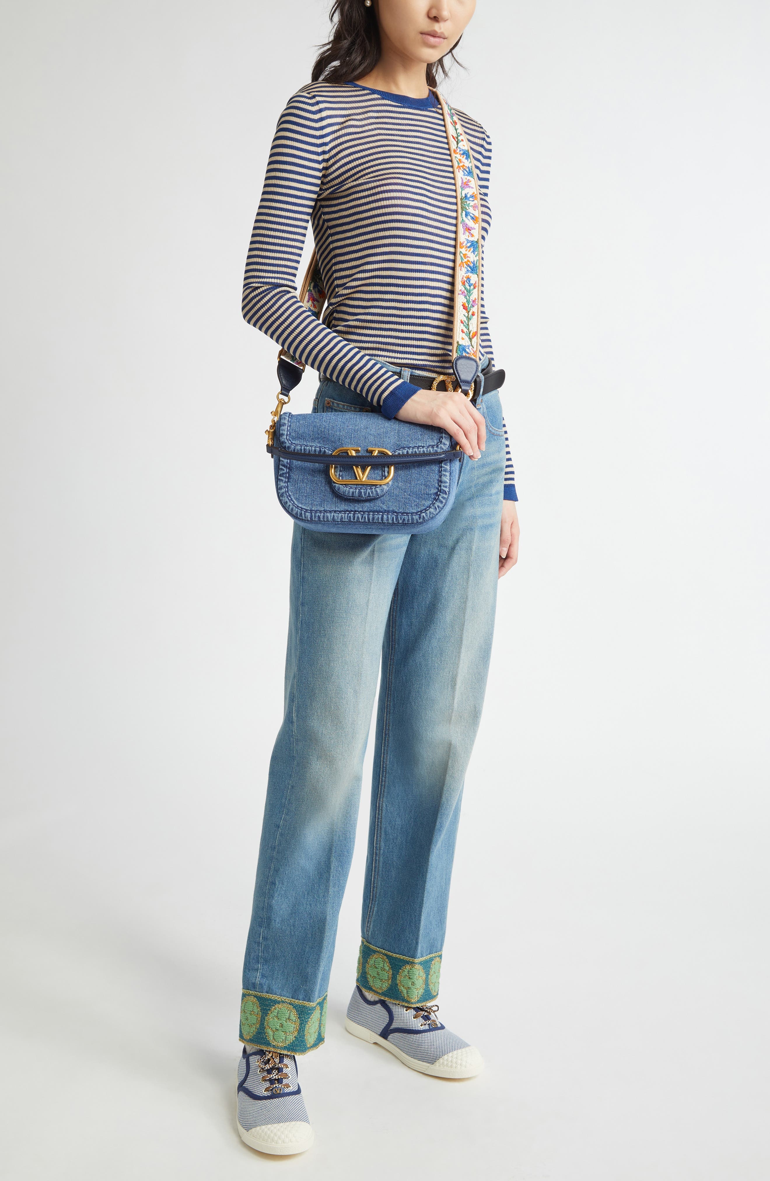 Valentino Garavani Jacquard Trim Straight Leg Jeans in Medium Blue Denim at Nordstrom - 8
