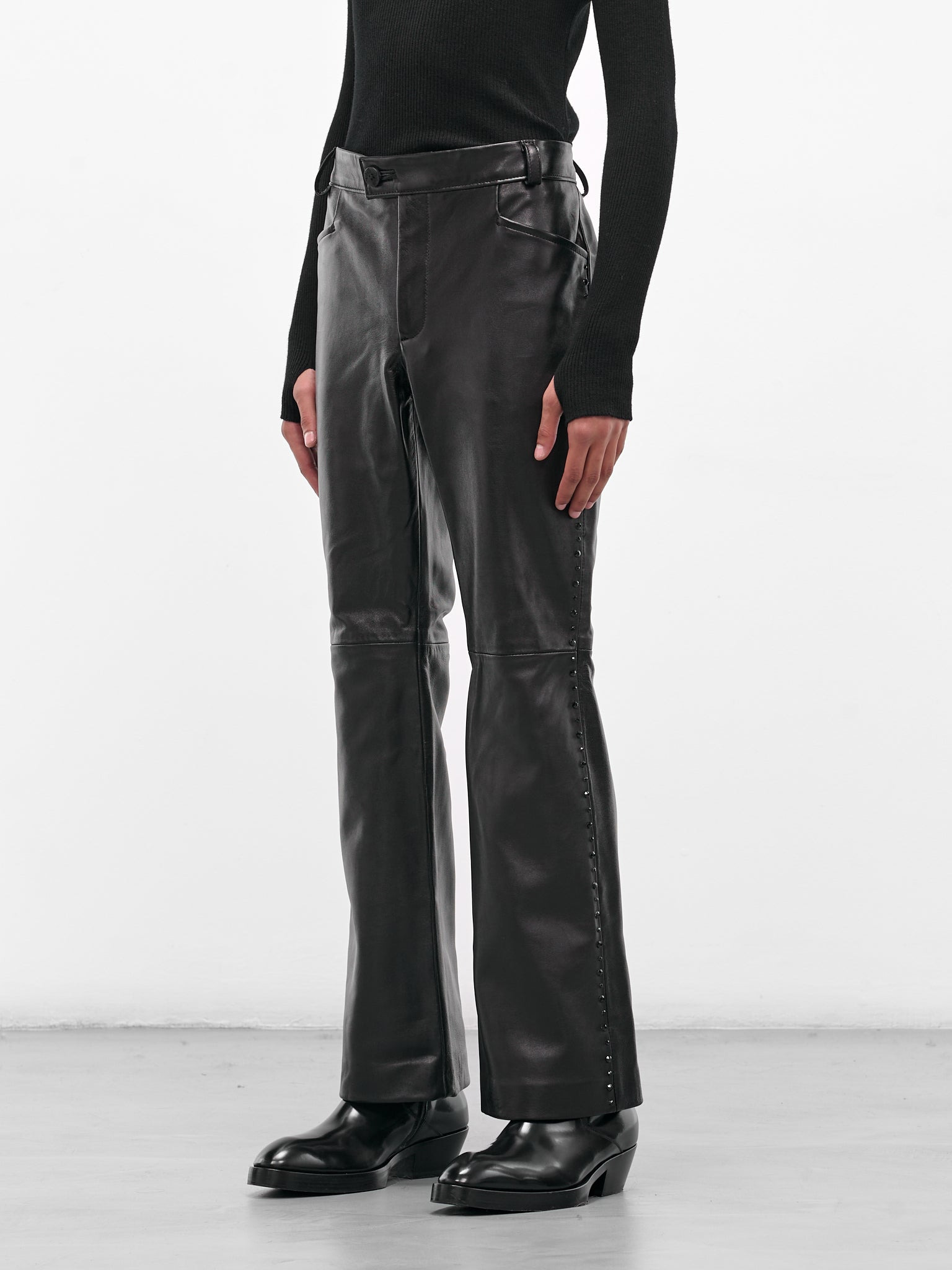 Black Leather Swarovski Flared Trousers - 2
