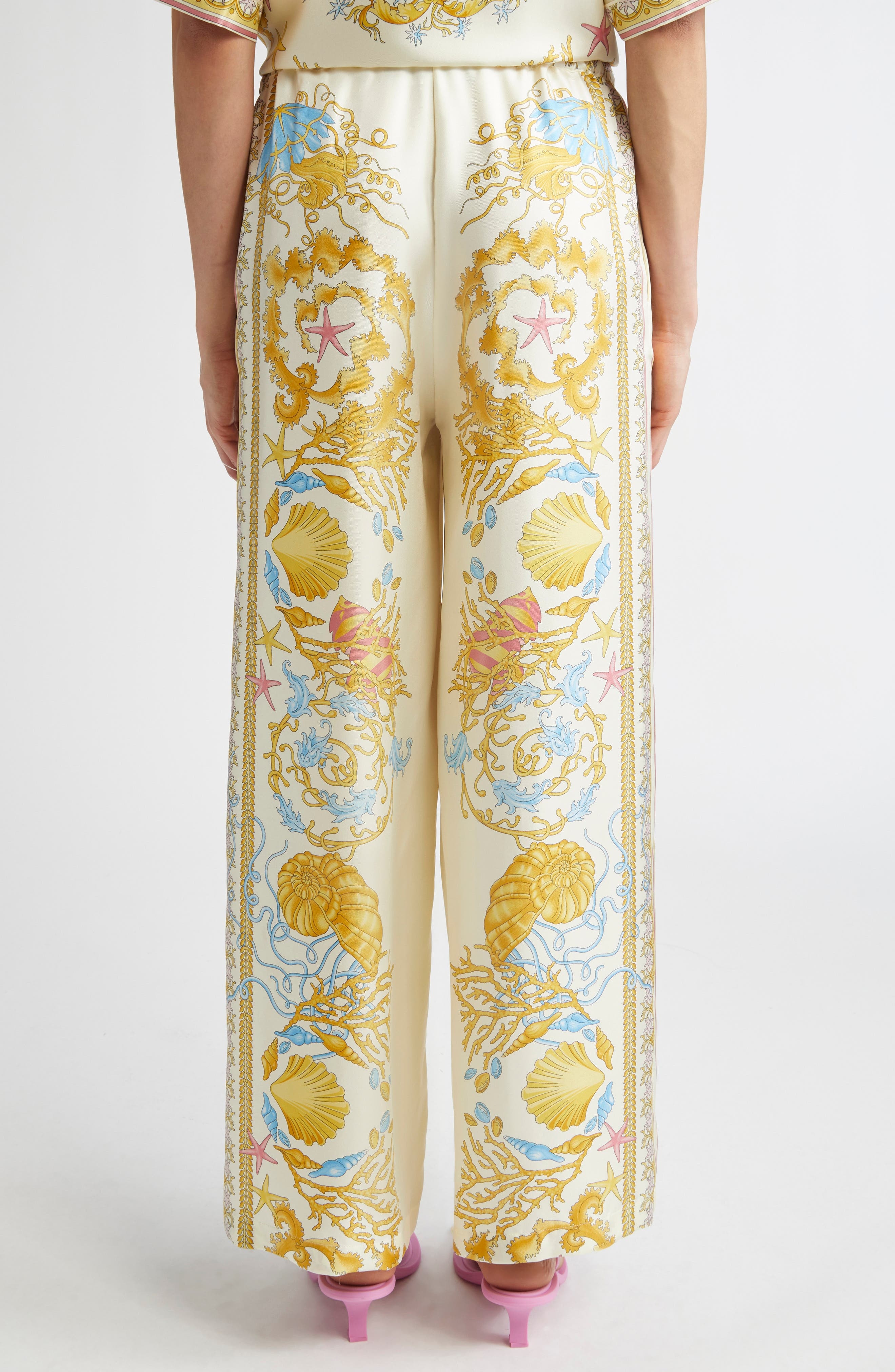 Versace Underwater Barocco Wide Leg Silk Pants in Eggshell Multicolor at Nordstrom - 3