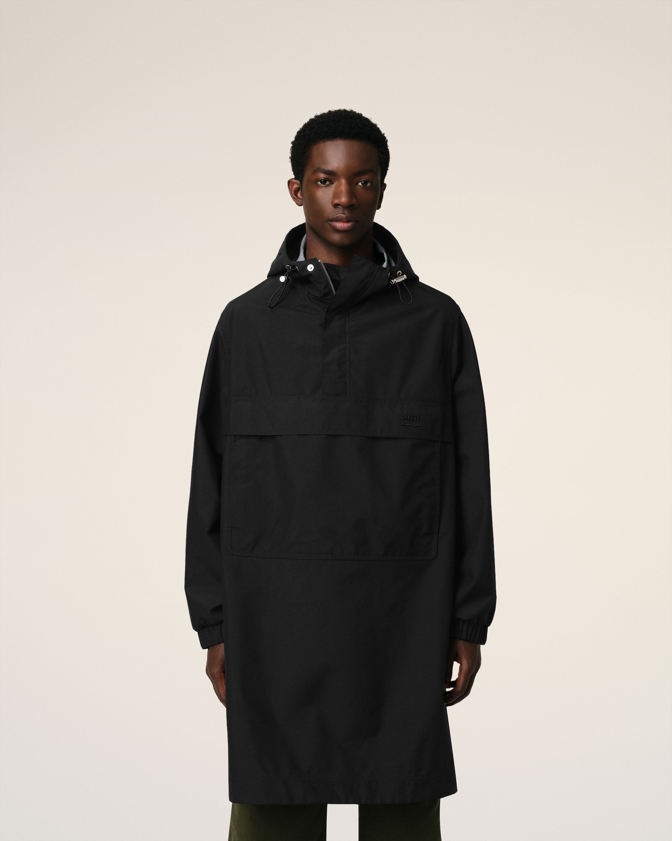 BLACK WATER-REPELLENT LONG HOODED WINDBREAKER - 3