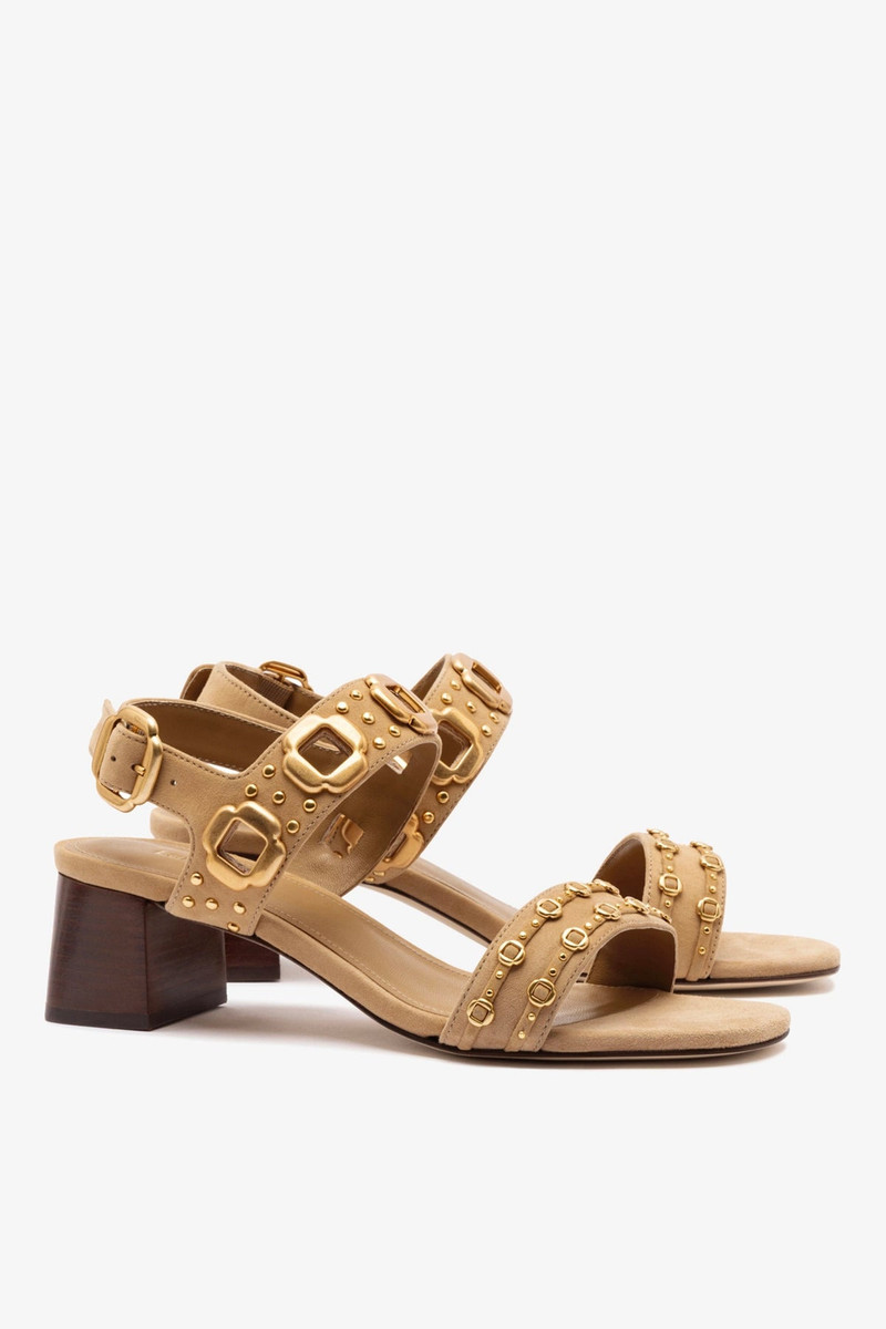 Milan Studs Block Sandal In Peanut Suede 3