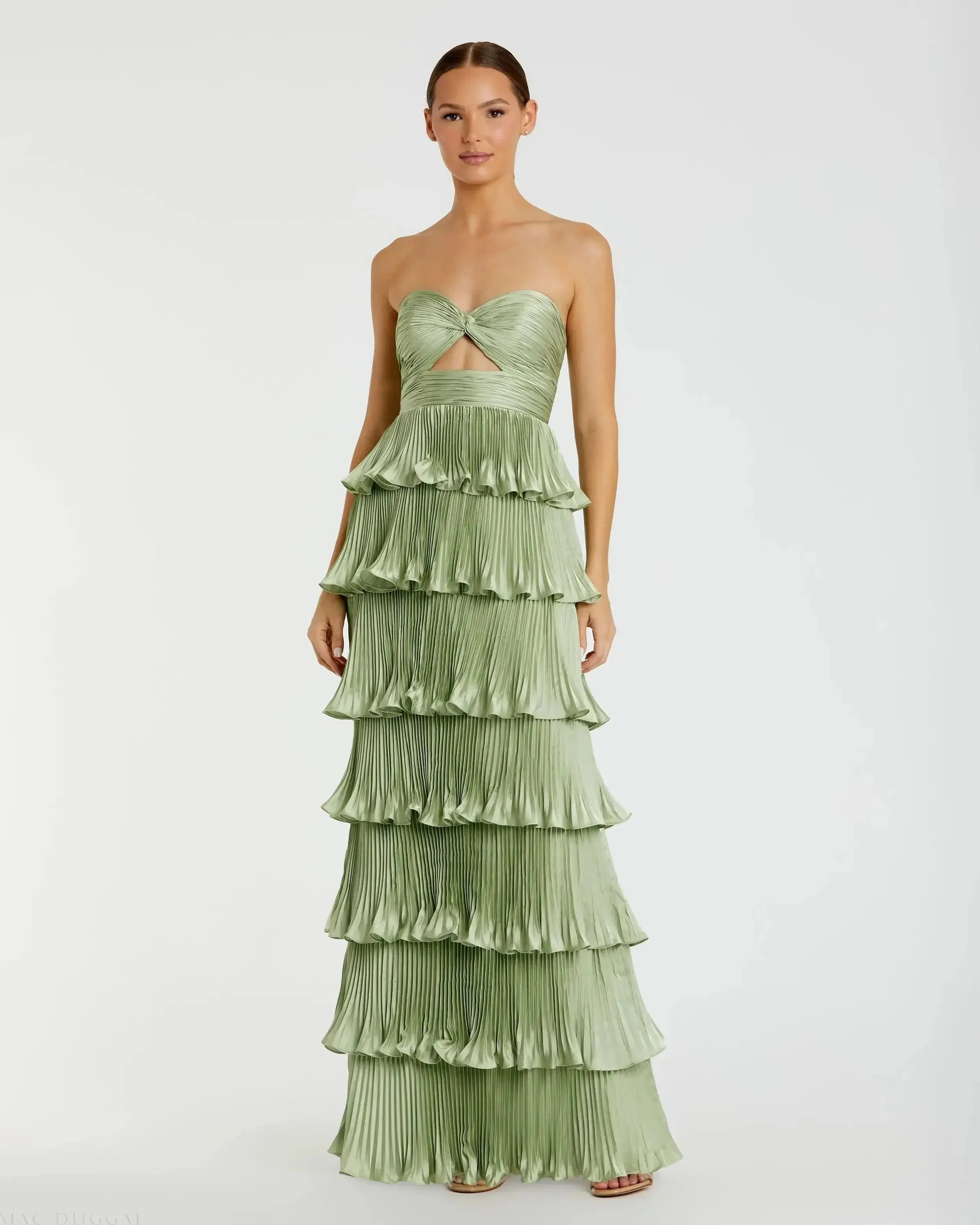 Sage Strapless Pleated Charmeuse Tiered Ruffle Gown - 1