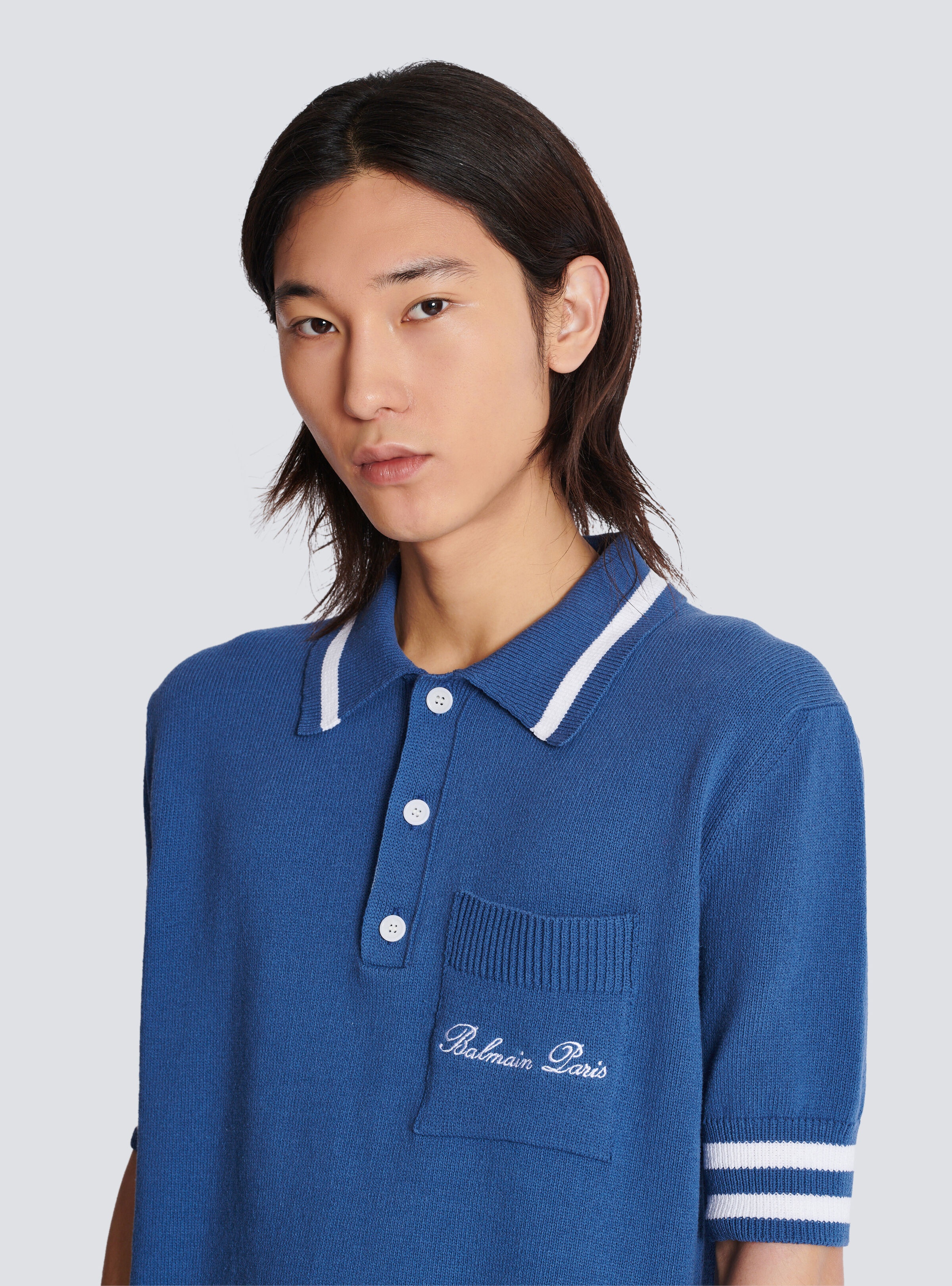 Cotton-linen polo shirt with Balmain Signature embroidery - 7