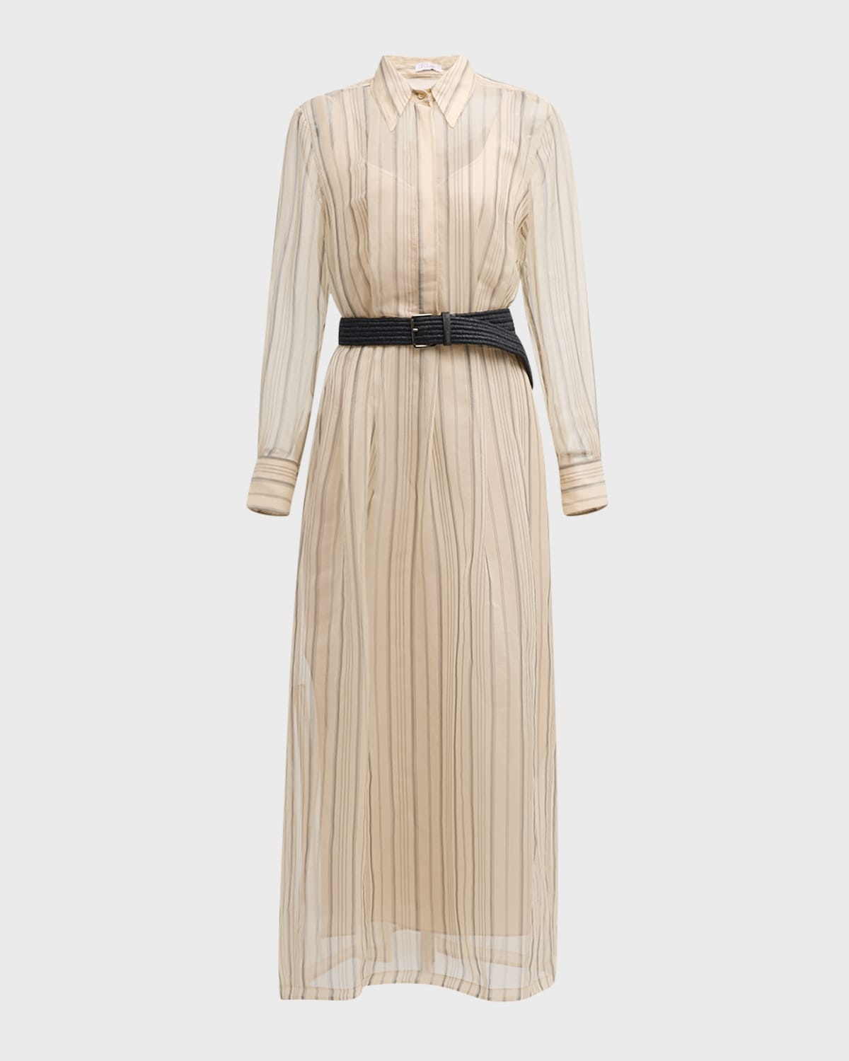 Striped Chiffon Maxi Shirtdress With Monili-Trim Raffia Belt - 1