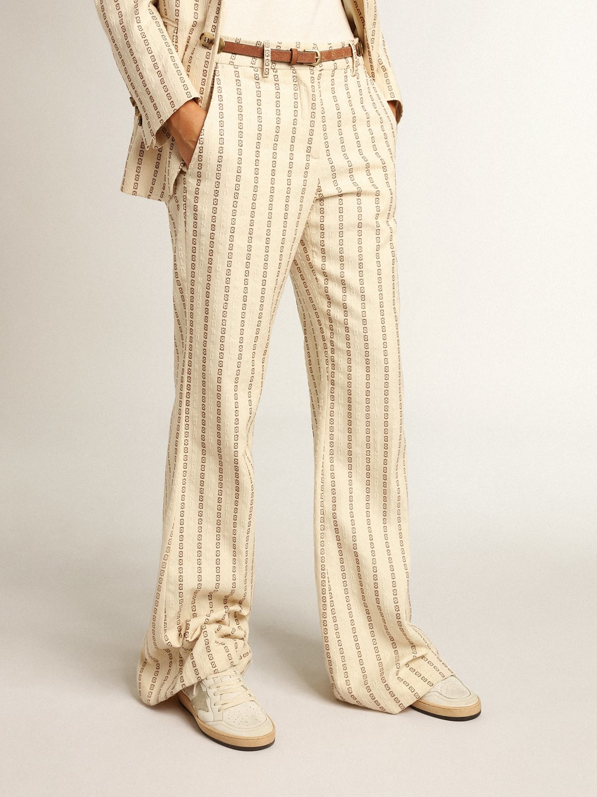 Cream-colored cotton pants with jacquard motif - 2