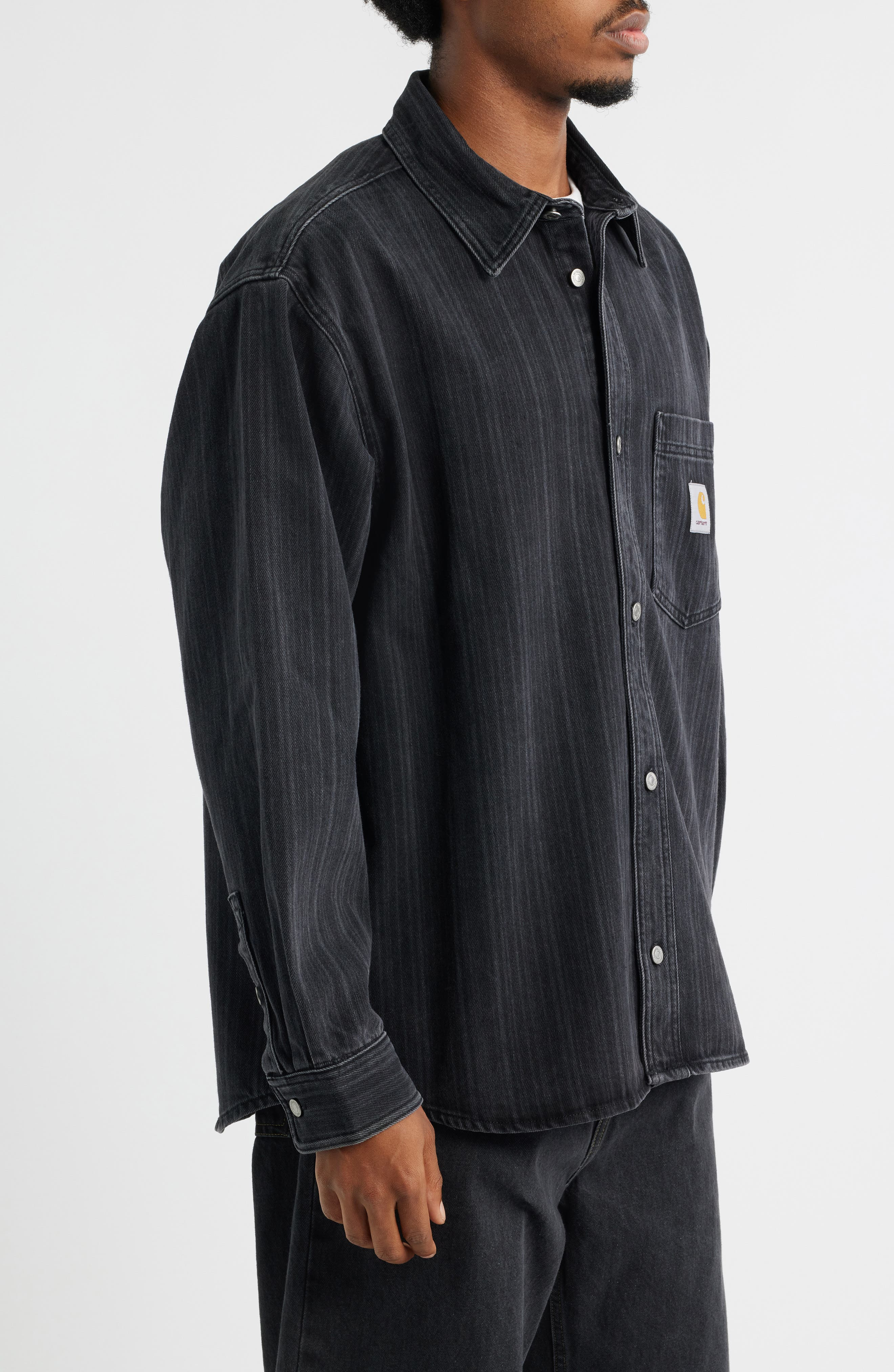 Carhartt Work In Progress Rylan Stripe Cotton Denim Button-Up Shirt Jacket in Rylan Stripe Black at  - 3