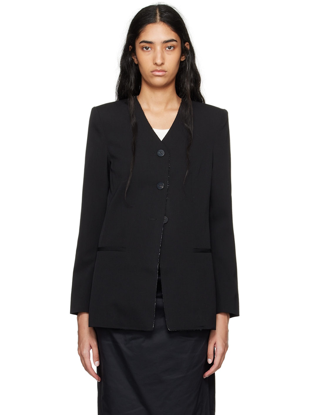 Black Raw Edge Collarless Blazer - 1