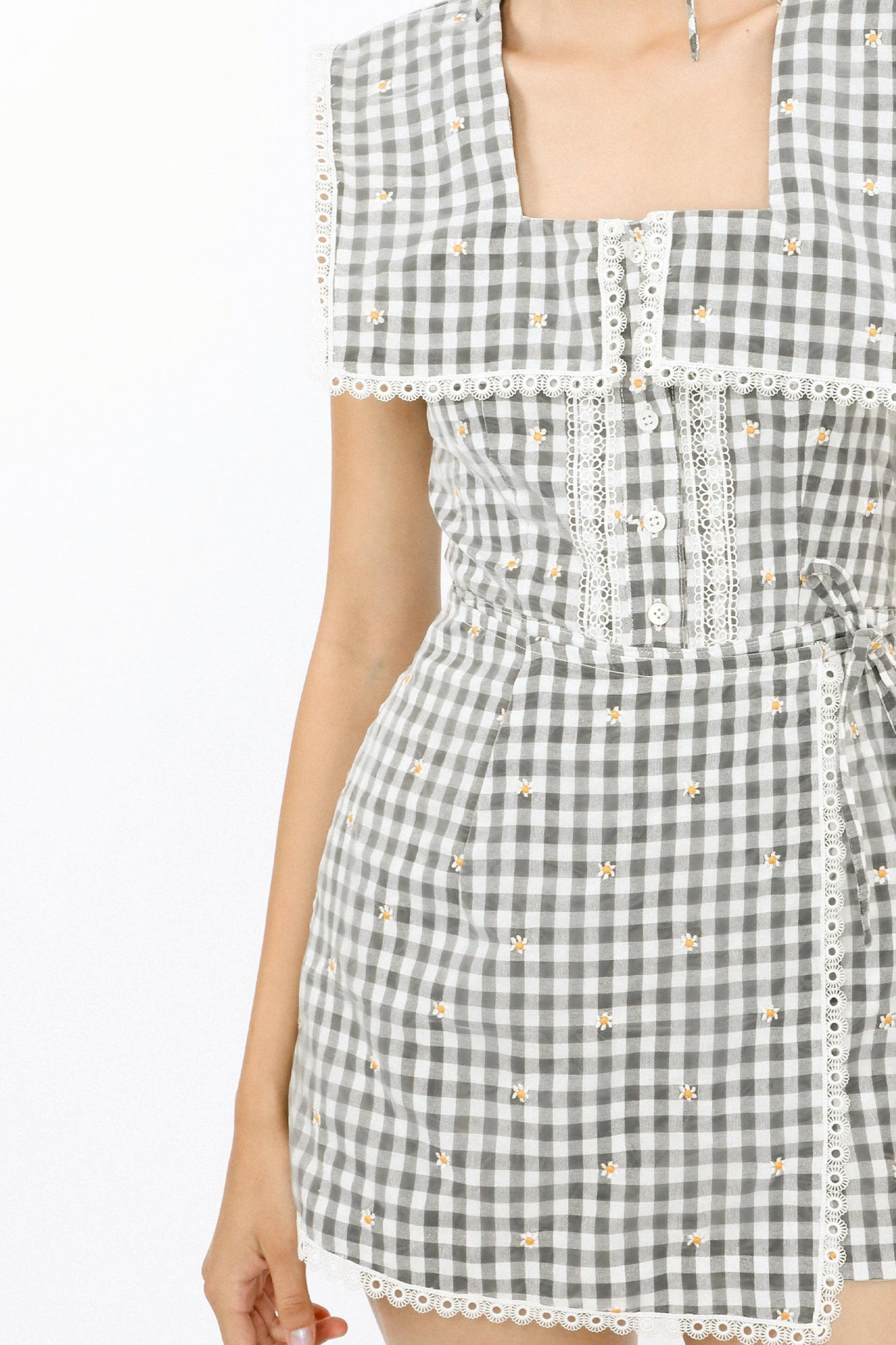 Anna Sui Daisy Embroidery On Gingham Romper in Black Multi at Nordstrom - 5