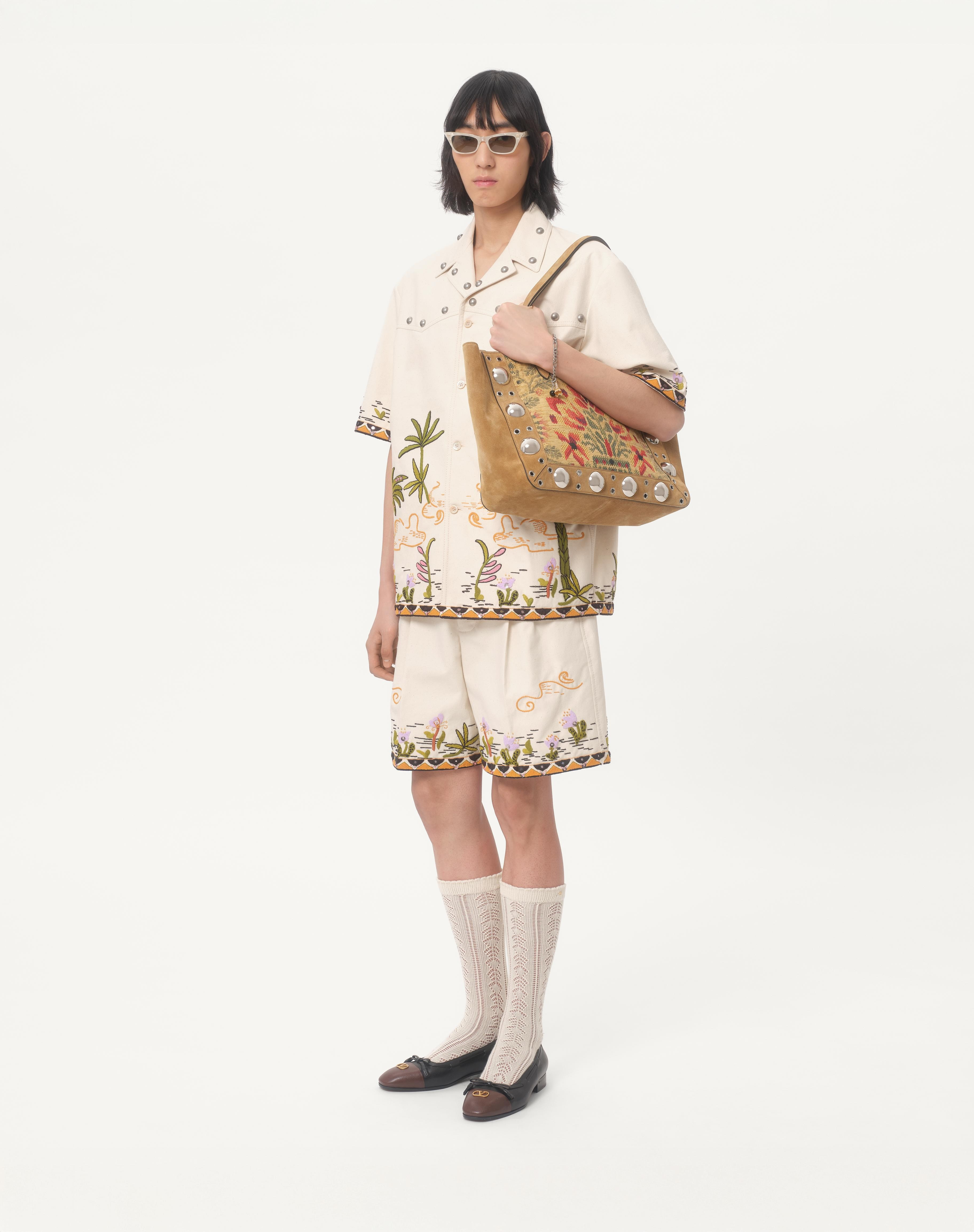 COTTON CANVAS BERMUDA SHORTS WITH FLORAL EMBROIDERY AND JACQUARD TRIMMINGS - 2
