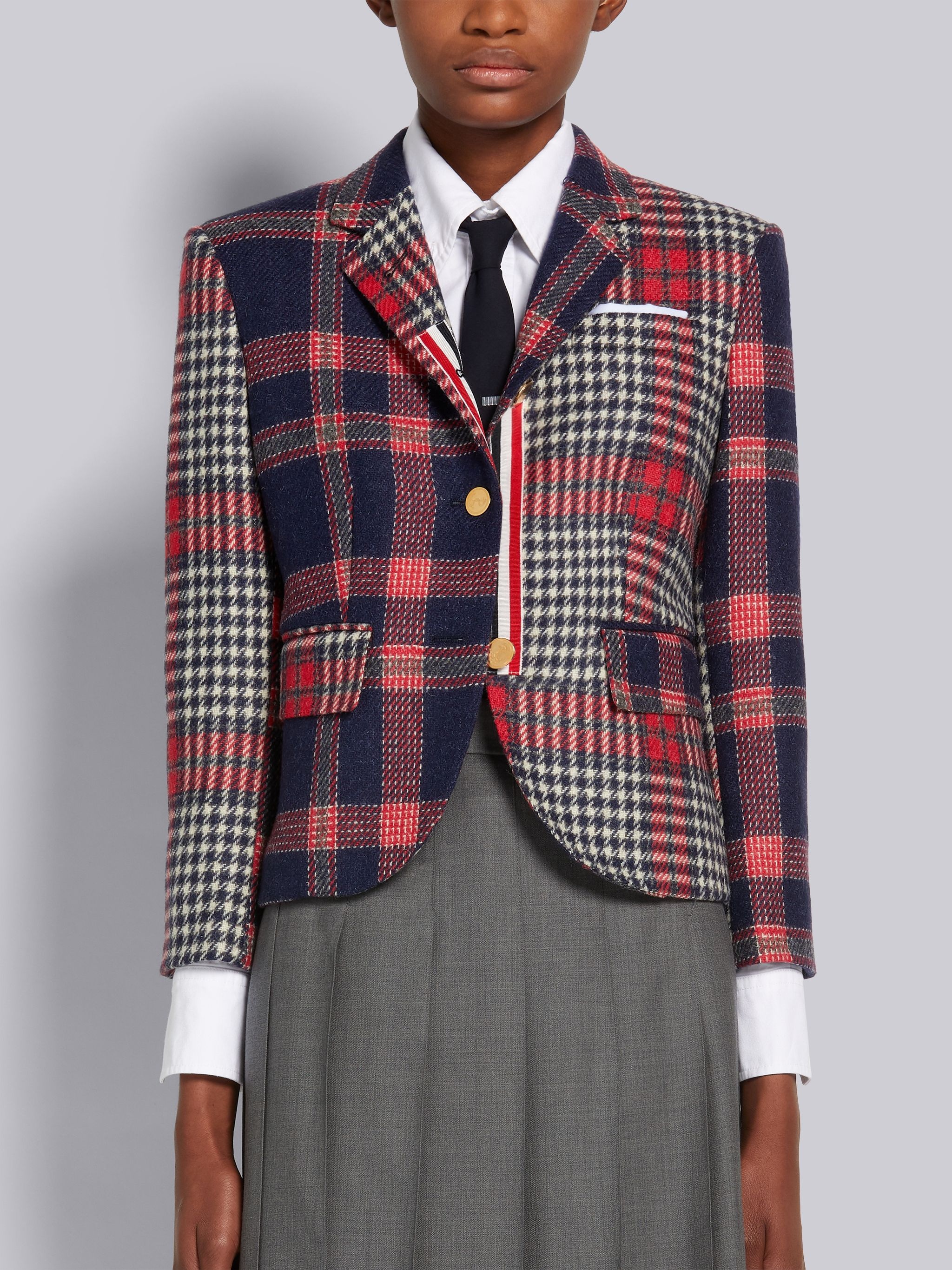 Multicolor Grid Windowpane Check British Wool Grosgrain Placket High Armhole Sport Coat - 1