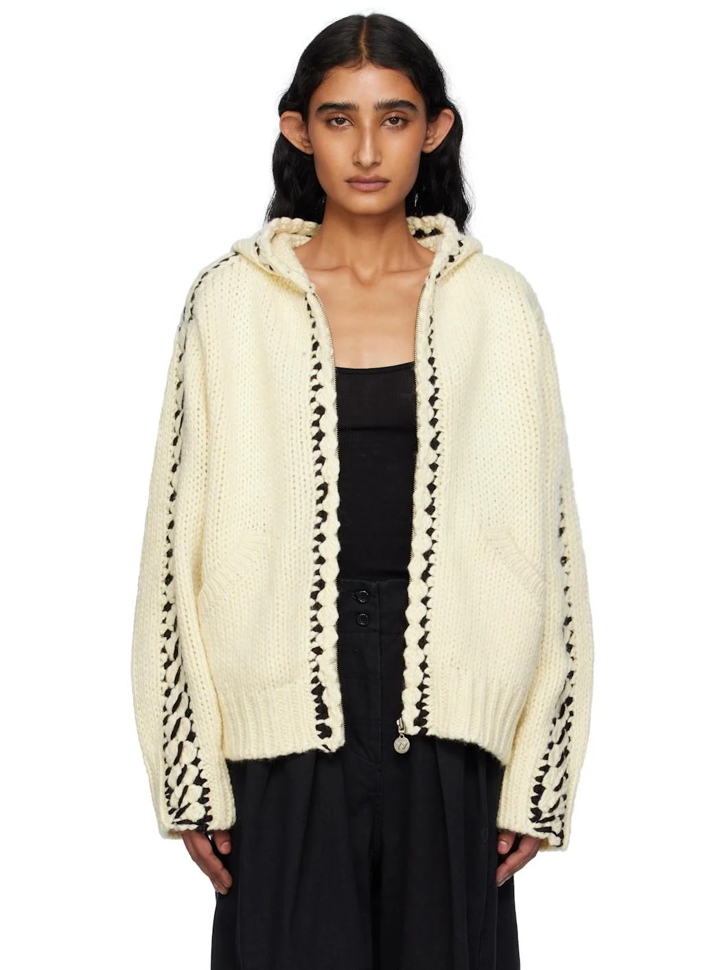 Beige Stitch Zip Up Knit Hoodie - 1