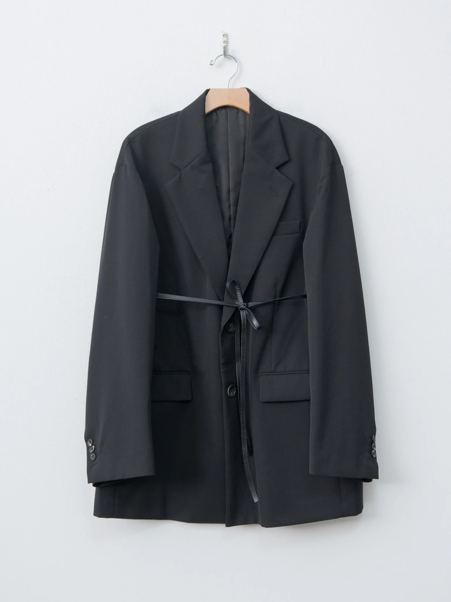 Oversized Single Breasted Long Jacket with Leather Tie - Black - 1